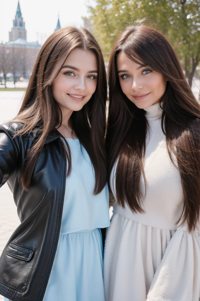 Professional photograph, best quality, 8K, hyper detailed, half body, A close up portrait of two gorgeous, beautiful, wonderful women, argentinian and russian females together posing for the camera, both women have super long hair, argentinian girl has dark brown hair and russian girl has light brown hair, the both of them are wearing winter outfits, both girls are wearing leather jackets. Both women are wonderful, dream, ethereal, timeless, majestic beauties from Argentina and Russia, hispanic and slavic dream beauties who comes to the hearts. They're glad, smiling and enjoying a day at park in winter. True friendship, they're posing happy for the camera.