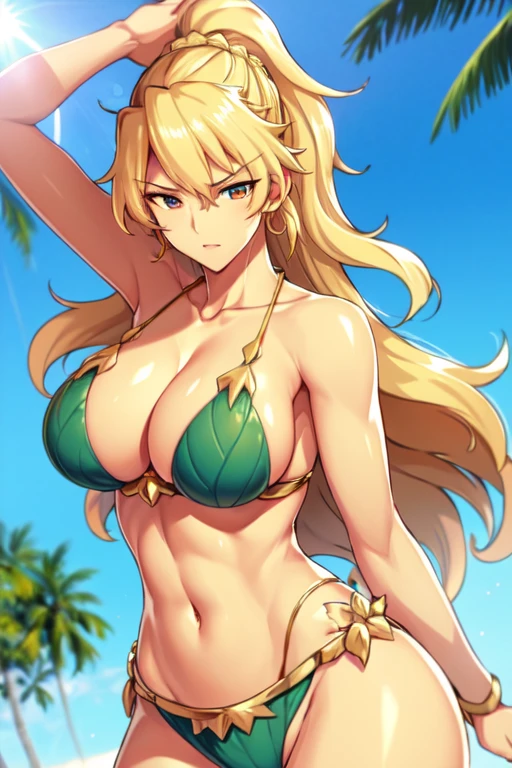 (best quality,4k,8k,highres,masterpiece:1.2),ultra-detailed,1girl,beach,summer,bikini,tall,fit,bodybuilder,muscular physique,confident,sun-kissed skin,sand,sea waves,golden hour lighting,vivid colors,feminine strength,beautiful detailed eyes,toned abs,sculpted arms,strong legs,endurance,athletic,healthy and active lifestyle,striking presence,posing gracefully,admiring glances,feminine power,positive energy,youthfulness,enjoying the sun and breeze,relaxed and carefree expression,happy and vibrant background,blonde hair flowing in the wind,joyful atmosphere,surrounded by palm trees and tropical flowers,catching the attention of onlookers,fitness inspiration,exuding confidence and sensuality,sunlit paradise,dynamic and powerful composition,posing with grace and elegance,flawless and radiant complexion.