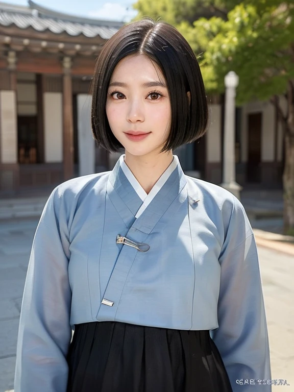 (kawaii 24 year-old Japanese girl, Nogizaka idol, Korean idol), (glossy black hair, medium bob cut:1.3), (extra rounded face, forehead, single eyelid, no makeup, soft smiling:1.2), (well shaped whitened teeth:0.7), (wearing light blue Hanbok, Korean traditional cloth:1.3), well shaped extra small breasts, (looking at viewer:1.2), BREAK, (simple outdoor background:1.3), (portrait, id photo, close shot, view from straight forward:1.3), BREAK, (masterpiece, best quality, photo realistic, official art:1.4), (UHD, 8K quality wallpaper, high resolution, raw photo, film grain:1.2), (shiny skin), professional lighting, physically based rendering, award winning, (perfect anatomy, highly detailed skin, extremely detailed face and eyes, well drawn glittering pupils), Carl Zeiss 85 mm F/1.4, depth of field, 1girl, solo,