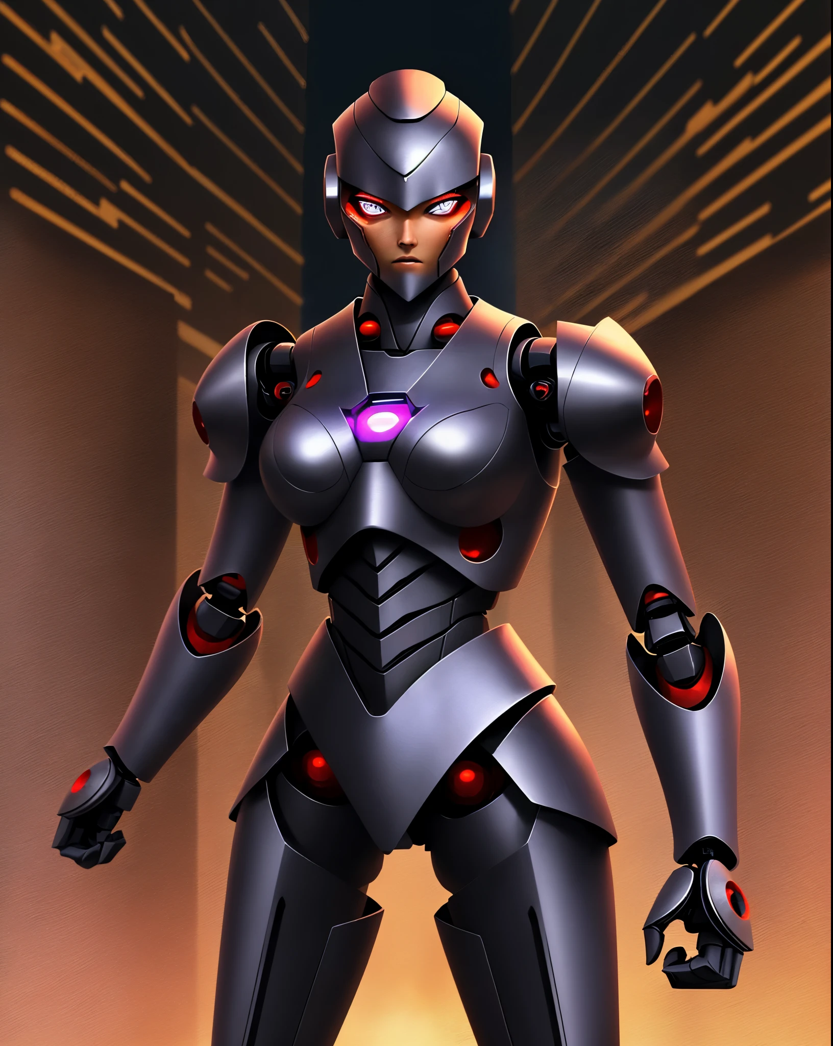 Evening background, black iron robot, doll robot, high performance, high quality, armed, sharp armed, thick armor, eyes purple, glowing purple, sharp eyes, rogue robot, sky in background,
