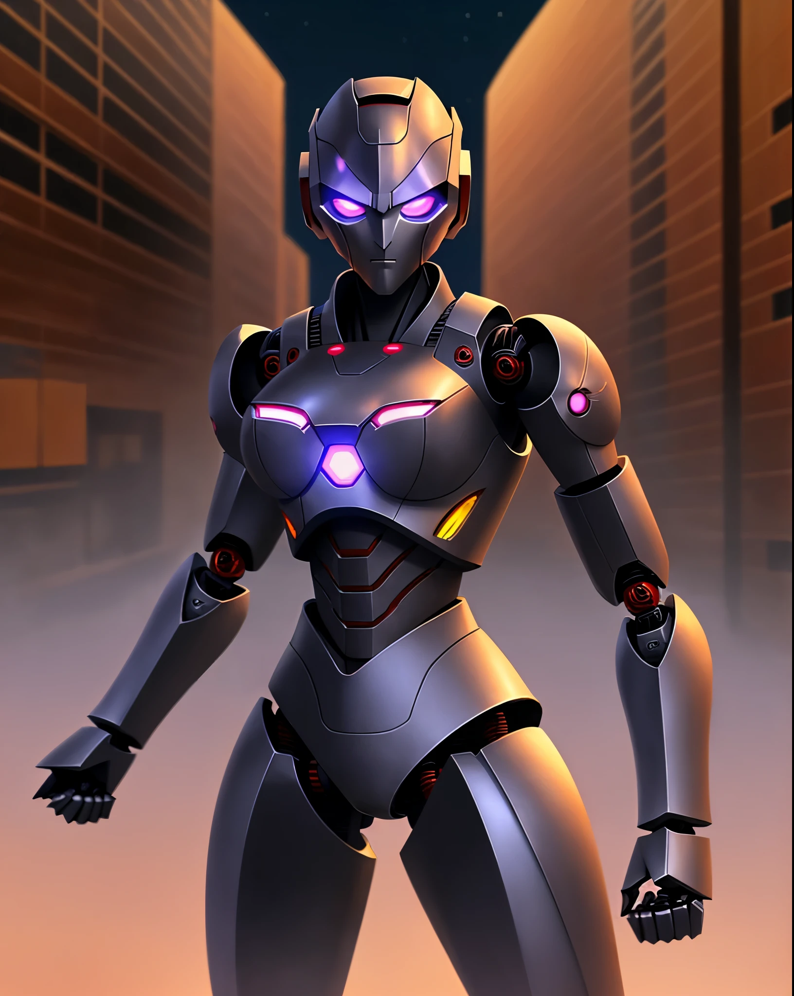 Evening background, black iron robot, doll robot, high performance, high quality, armed, sharp armed, thick armor, eyes purple, glowing purple, sharp eyes, rogue robot, sky in background,