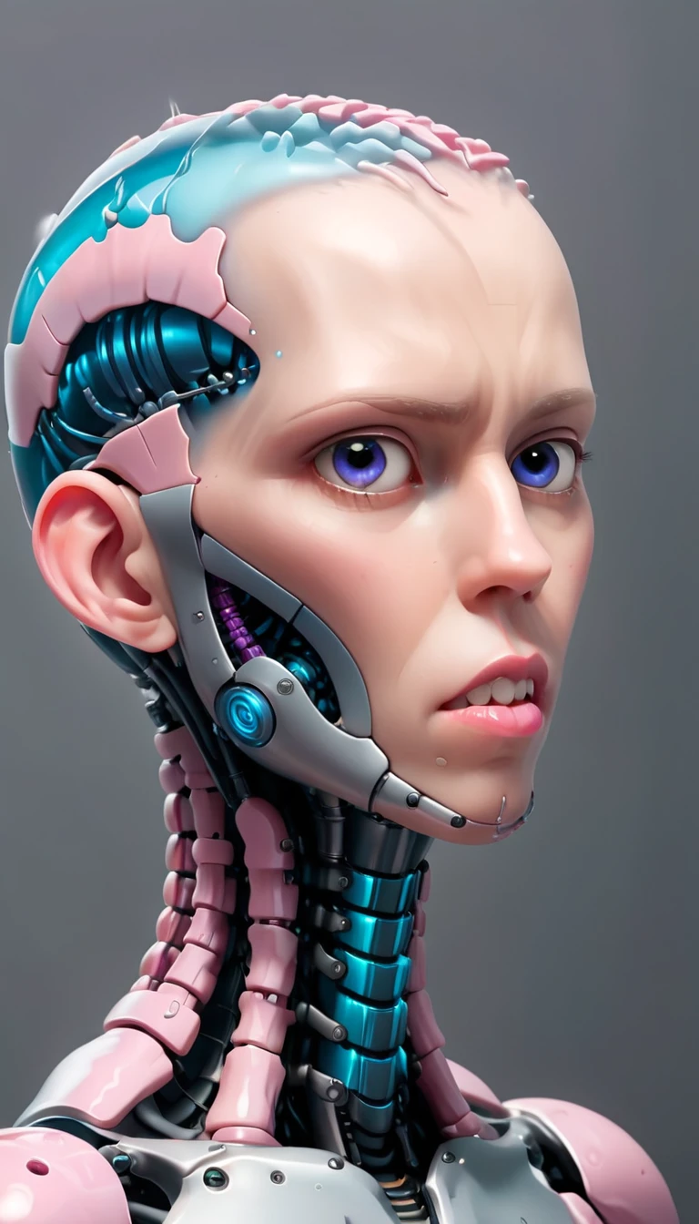 coopie, (Complex Professional 3D rendering:1.3) of (Ultra detailed:1.3) side profile, xray diagram deconstruction of a cyborg brain to machine interface, extended neck, glowing lights, Highly detailed, Depth, Many parts, Lumen render, 8k x-ray style translucent bald head, clear skin, synthetic bone, purple pink and blue Xray style on a grey background covered in geometric patterns,CGSociety,ArtStation