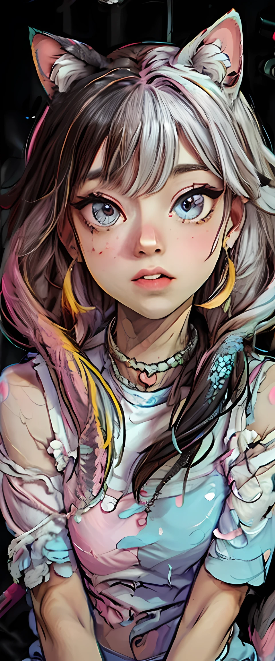 jessicagraham, a close up of a cat's face with colorful paint splatters, multicolored vector art, cat design, cat. digital painting, painted in bright water colors, painting of a cat, a painting of a cat, vector art style, colorful hd picure, beautiful neon cats, colorful picture, colorful sketch,