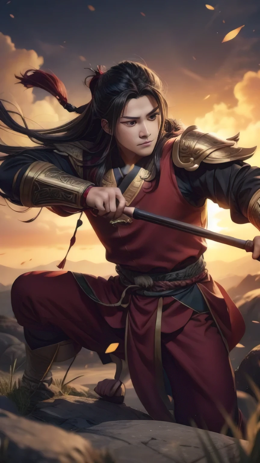 a person in a red outfit holding a bow and a bow, zhao yun, heise jinyao, bian lian, inspired by Huang Shen, xianxia hero, inspired by Yang Jin, inspired by Li Rongjin, by Yang J, inspired by Shen Zhou, zhongli from genshin impact, inspired by Yi Jaegwan, inspired by Li Kan