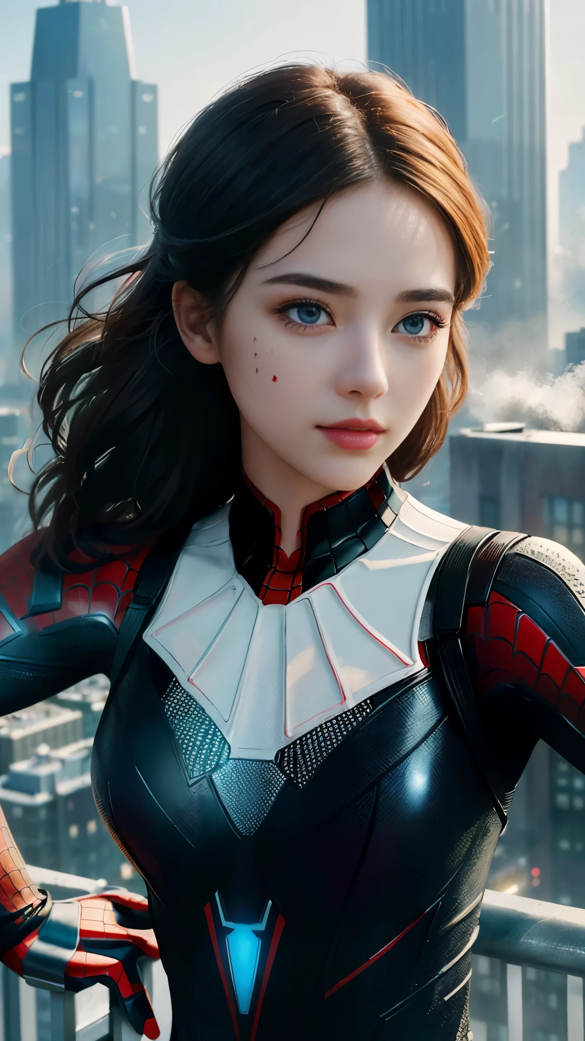 (1girl:1.3), Solo, (((Very detailed face)))), ((Very detailed eyes and face)))), Beautiful detail eyes, Body parts__, Official art, Unified 8k wallpaper, Super detailed, beautiful and beautiful, beautiful, masterpiece, best quality, original, masterpiece, super fine photo, best quality, super high resolution, realistic realism, sunlight, full body portrait, amazing beauty, dynamic pose, delicate face, vibrant eyes, (from the front), She wears Spider-Man suit, red and black color scheme, spider, very detailed city roof background, rooftop, overlooking the city, detailed face, detailed complex busy background, messy, gorgeous, milky white, highly detailed skin, realistic skin details, visible pores, clear focus, volumetric fog, 8k uhd, DSLR, high quality, film grain, fair skin, photo realism, lomography, futuristic dystopian megalopolis, translucent