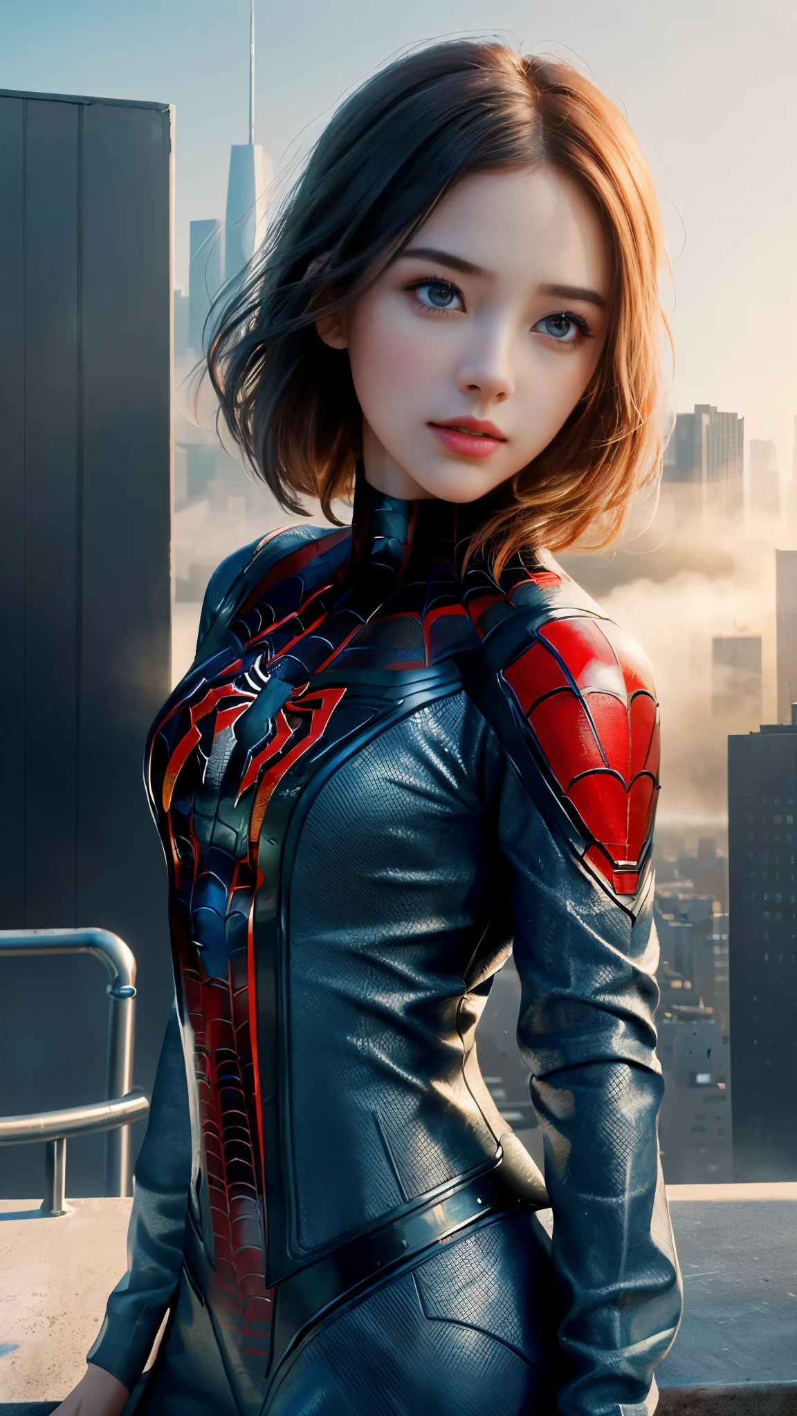 (1girl:1.3), Solo, (((Very detailed face)))), ((Very detailed eyes and face)))), Beautiful detail eyes, Body parts__, Official art, Unified 8k wallpaper, Super detailed, beautiful and beautiful, beautiful, masterpiece, best quality, original, masterpiece, super fine photo, best quality, super high resolution, realistic realism, sunlight, full body portrait, amazing beauty, dynamic pose, delicate face, vibrant eyes, (from the front), She wears Spider-Man suit, red and black color scheme, spider, very detailed city roof background, rooftop, overlooking the city, detailed face, detailed complex busy background, messy, gorgeous, milky white, highly detailed skin, realistic skin details, visible pores, clear focus, volumetric fog, 8k uhd, DSLR, high quality, film grain, fair skin, photo realism, lomography, futuristic dystopian megalopolis, translucent