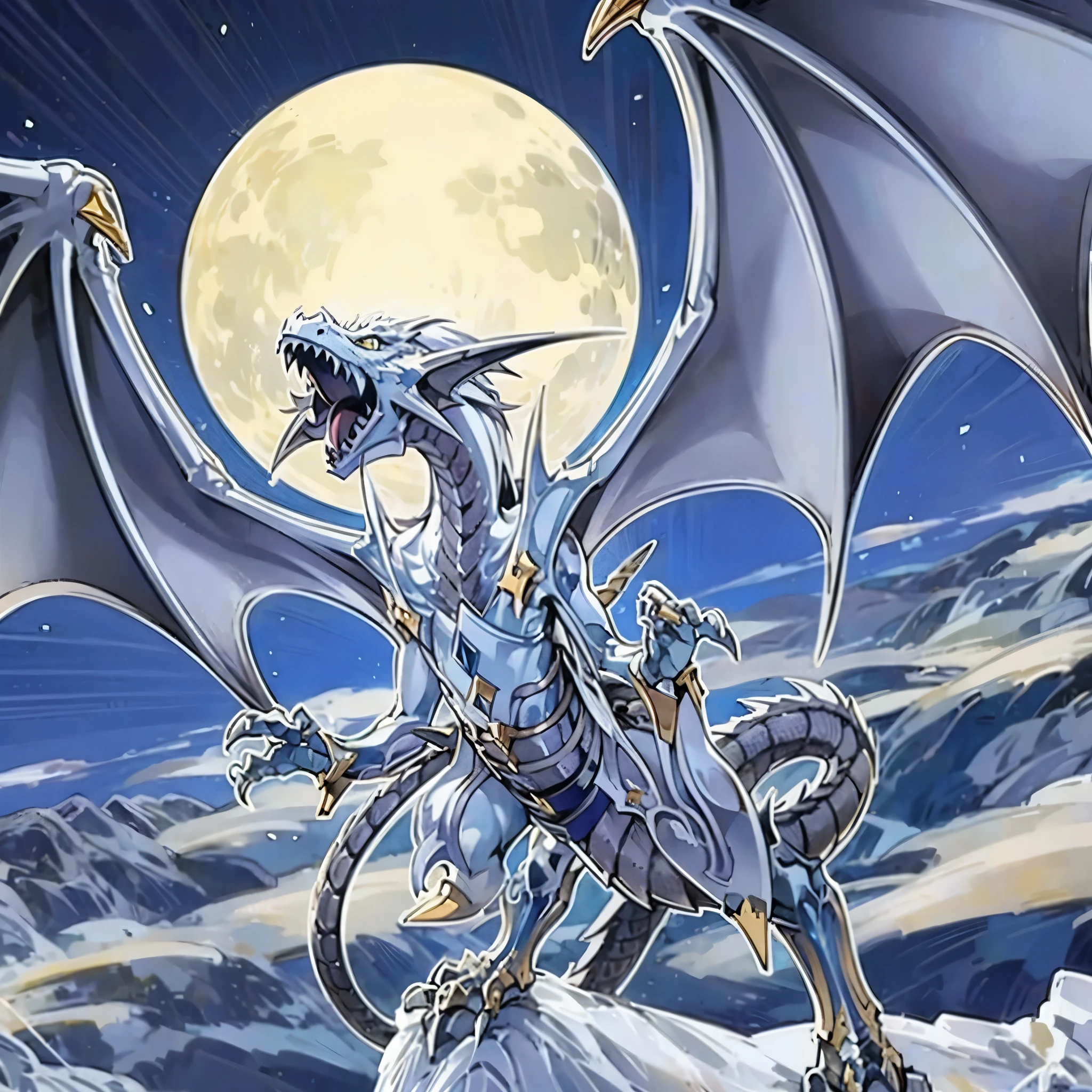 A monster(European medieval dragon,dragon),Silver-white scales,Horns and thorns on the head,Open mouth and roar,There are wings behind,Fly in the air,The sacred air currents surround the body。Medium shot composition,full body pictures,Characters and scenes,game concept art style,Anime illustration style,watercolor style,Marker style,HD,4K。