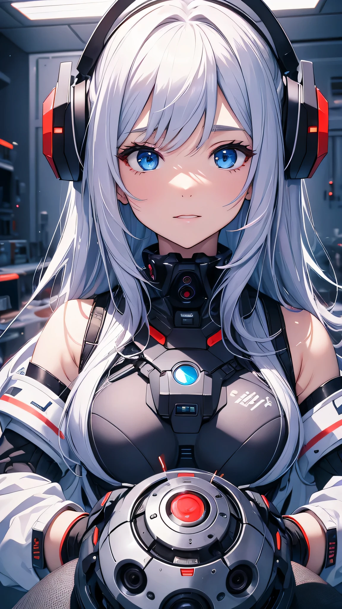 最high quality、best image quality、masterpiece、android girl((18-year-old、 By becoming、vest bust、medium bust,wide open breast tea、shining eyes, water hair、messy hair、long hair、thin,highest valley、white robot body、shining blue body、Close ~ eyes、Connected to many cables、Show the whole body、robot arm、robot feet)),high quality、beautiful art、background((Dark Research Facility、white smoke、high performance chair、Infrared Sensor、red lighting))、Flight、debris flies、Depth of written boundary、movie、visual art、perfect art、8K,genuine、