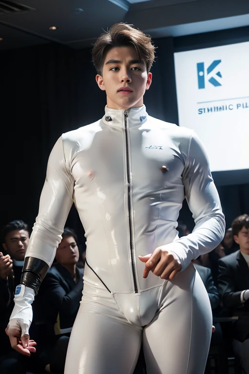 Futuristic rubber high waisted white bodysuit, skin tight, hair visible, hands visible, gloves, boots, toned male, young man, shiny suit, hands covered, handsome boy, big bulge , thick thighs , thick hips , handsome Korean man , K-pop idol, phat ass ,(bare thighs), exposed thighs , sexy , NSFW , eroticism , epic reality , epic photorealistic , bottomless