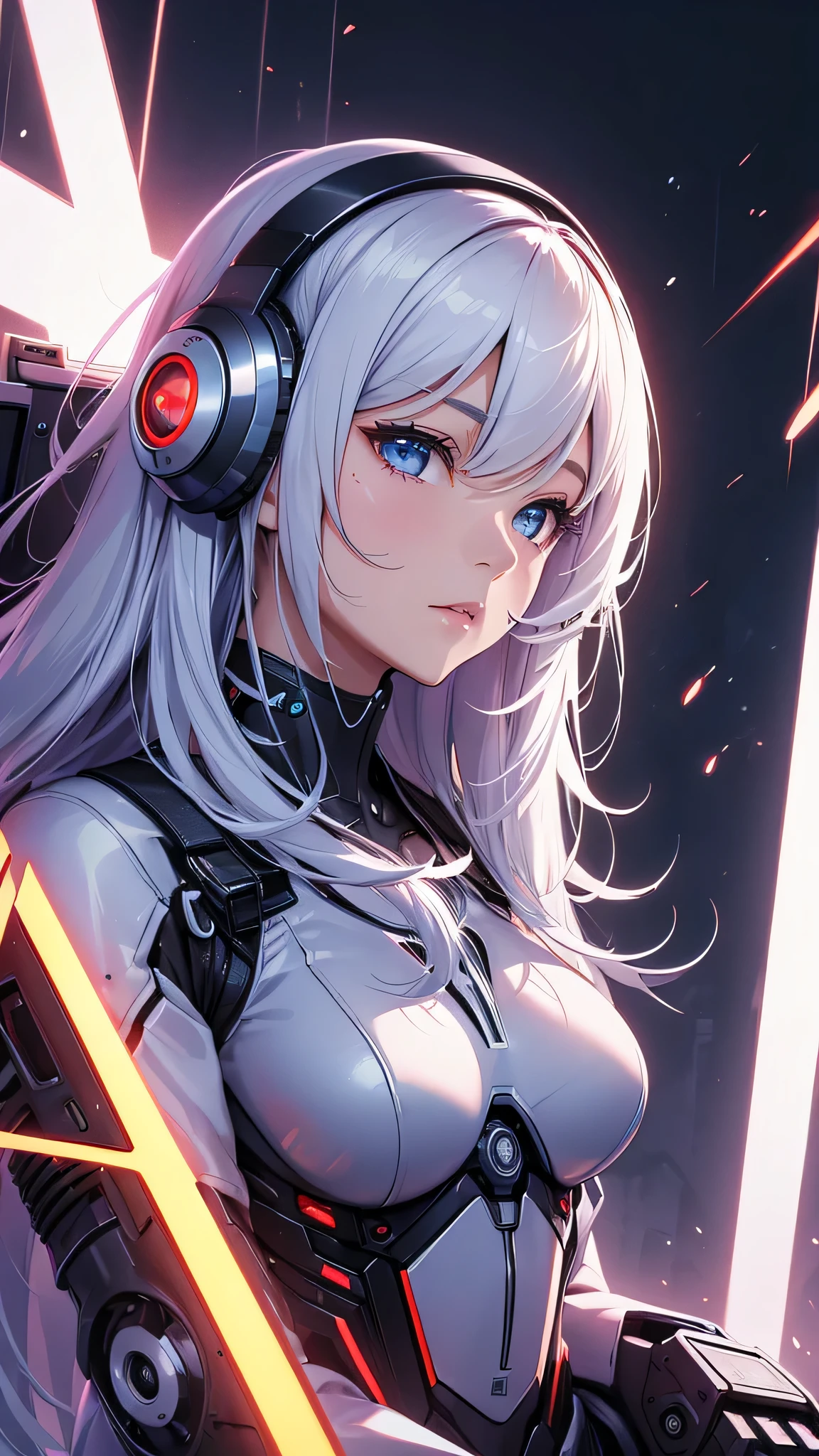 最high quality、best image quality、masterpiece、android girl((18-year-old、 By becoming、vest bust、medium bust,wide open breast tea、shining eyes, water hair、messy hair、long hair、thin,highest valley、white robot body、shining blue body、Close ~ eyes、Connected to many cables、Show the whole body、robot arm、robot feet)),high quality、beautiful art、background((Dark Research Facility、white smoke、high performance chair、Infrared Sensor、red lighting))、Flight、debris flies、Depth of written boundary、movie、visual art、perfect art、8K,genuine、
