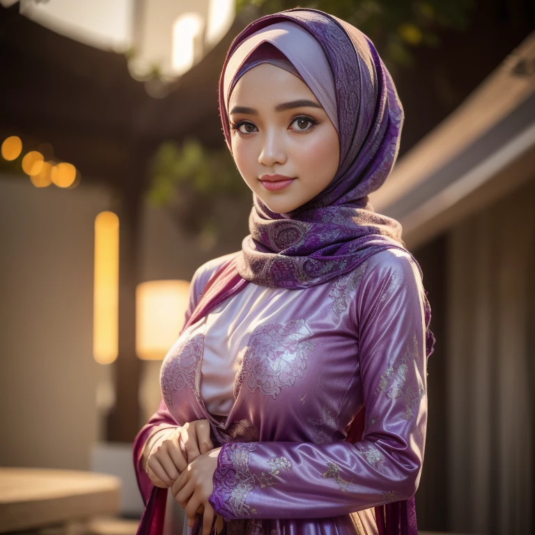 beautiful girl, wearing traditional baju kurung, ultra-detailed, detailed faces, detailed skins, 8k masterpieces, cinematic lighting, ((1girl)), ((solo)), firm push-up breasts, modest breasts, slim and slender body, long hijab, eid mubarak, in malay village, half body