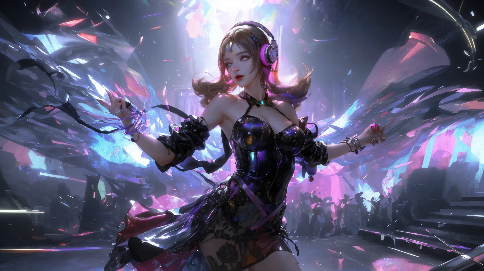 Ultra HD、super high quality、8K、Genuine、Perfect CG、The location is a dimly lit DJ booth...、Beautiful Russian woman in a swimsuit DJing with headphones。Synthesizers and equipment lined up、she is attractive、Has a flower tattoo.