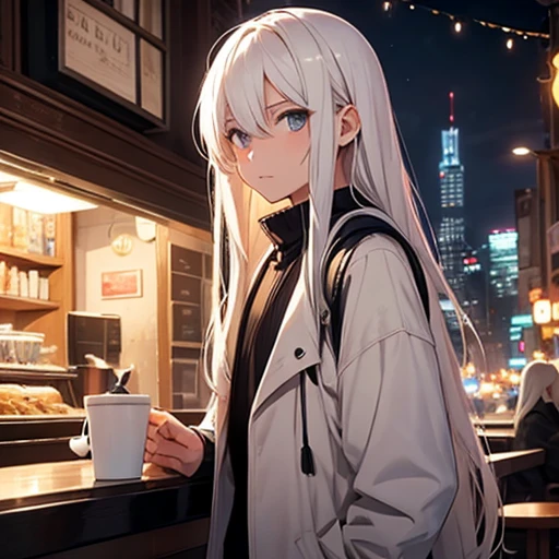 young boy,long white hair,nighttime,city,coffee shop