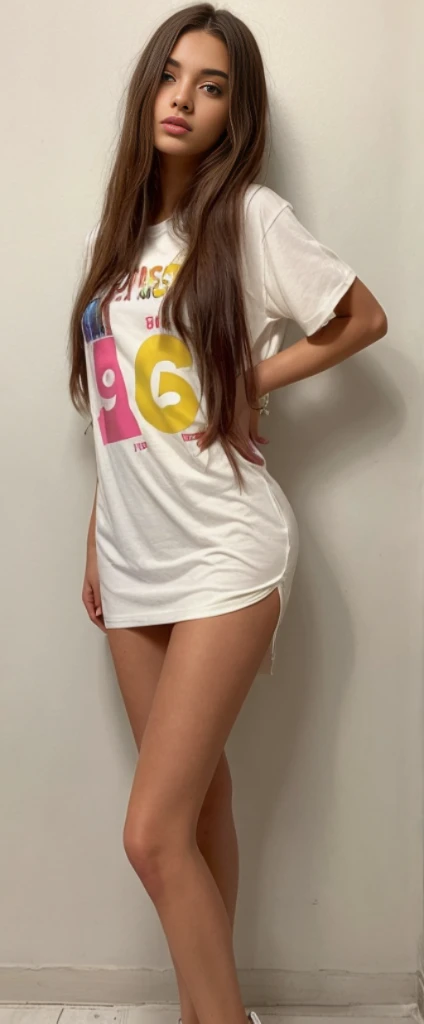a close-up of a woman standing in a room with a white wall, 90s vibe, Vibe dos anos 90, estilo dos anos 90, estilo y2k, estilo y2k, estampa vintage anos 90, estampa vintage dos anos 90, graphic t-shirts, vestido com uma camiseta branca, estilo anos 8 0, 2 modelo feminino de 4 anos