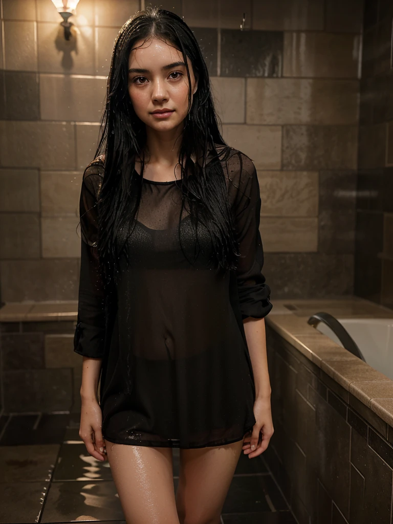 1girl,long black hair,shy expression,blushing face,wet hair from the rain,transparent raindrops falling on her, (masterpiece,best quality),soft and gentle lighting,cinematic composition,beautiful 24-year-old woman model standing in a well-lit bathroom,full body shot.