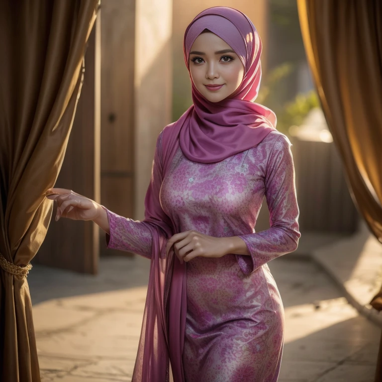 beautiful girl, wearing traditional baju kurung, ultra-detailed, detailed faces, detailed skins, 8k masterpieces, cinematic lighting, ((1girl)), ((solo)), firm push-up breasts, modest breasts, slim and slender body, long hijab, eid mubarak, in malay village, half body, at the door