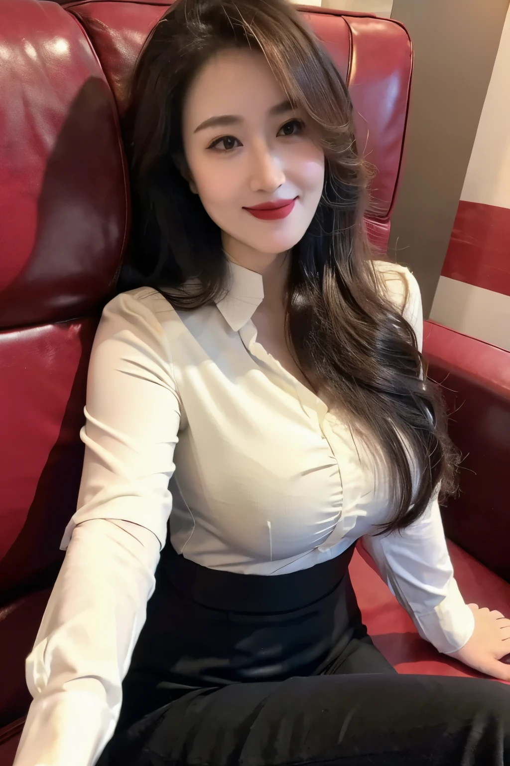 ((top quality、8k、masterpiece:1.3))、sharp focus, High level of image quality, high resolution,Shirts and shirts,business attire,37-year-old woman with long wavy hair,Mature,charming smile,Draw lips correctly, red lipstick,stand,Chubby body,Big breasts,On black sofa background,full-body shot