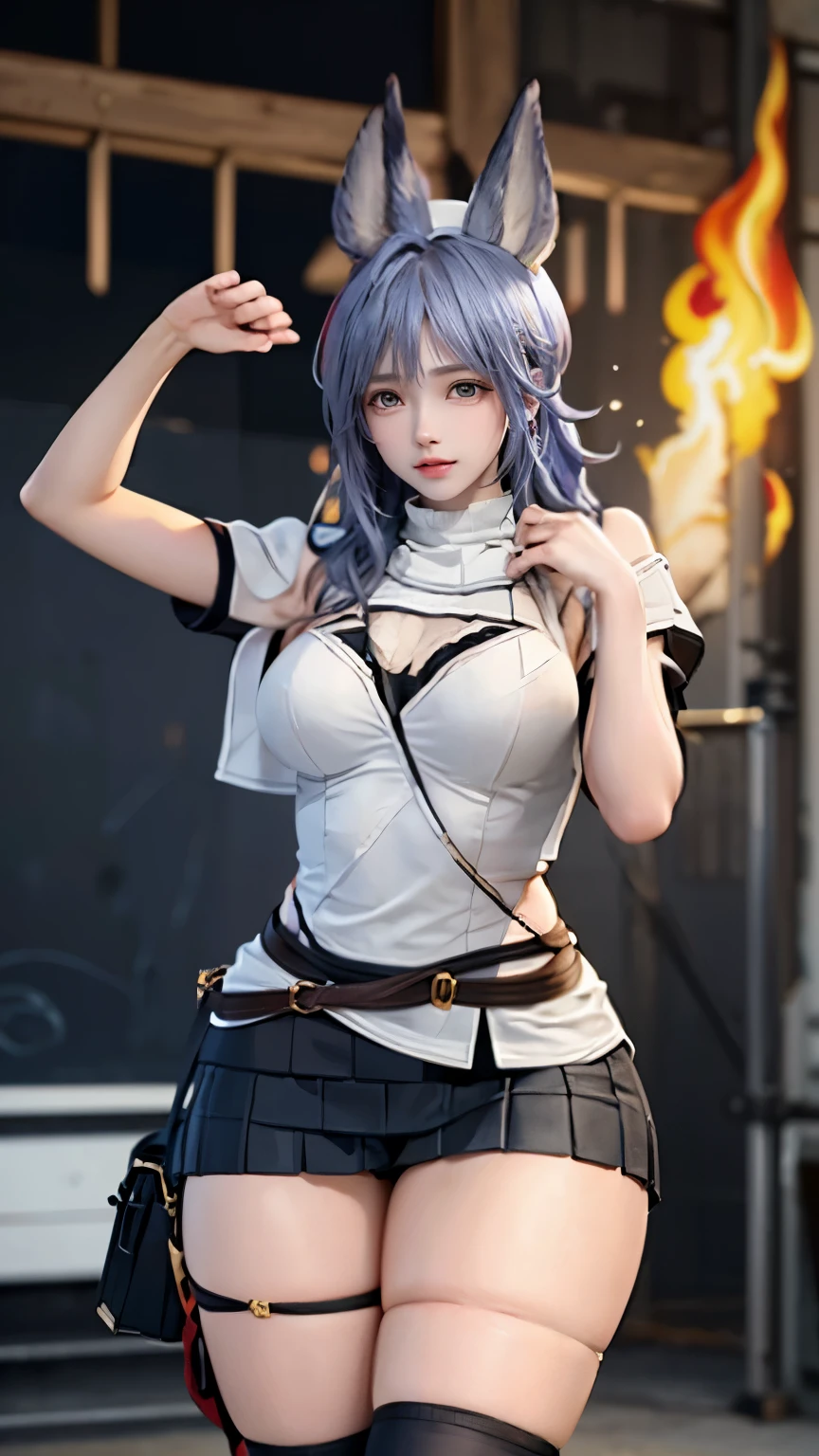 (very delicate and beautiful:1.2)super model,perfect shape,girl's,,Thighhighs,beautiful feet,beret,gentle expression,spoiled look,Innocent face,ミニskirt,big breasts,beautiful breasts,voluptuous,bike shorts,,givenchy,masterpiece, highest quality, High resolution, 8K, , skirt, uniform, short hair, messy hair, blush, sexy pose, big breasts, seductive pose, sweating,, sweating, cityscape, vivid details, super detail, realistic skin texture, Surface details, Beautiful eyes in every detail, medium full shot, Girl holding a sword,flame background,