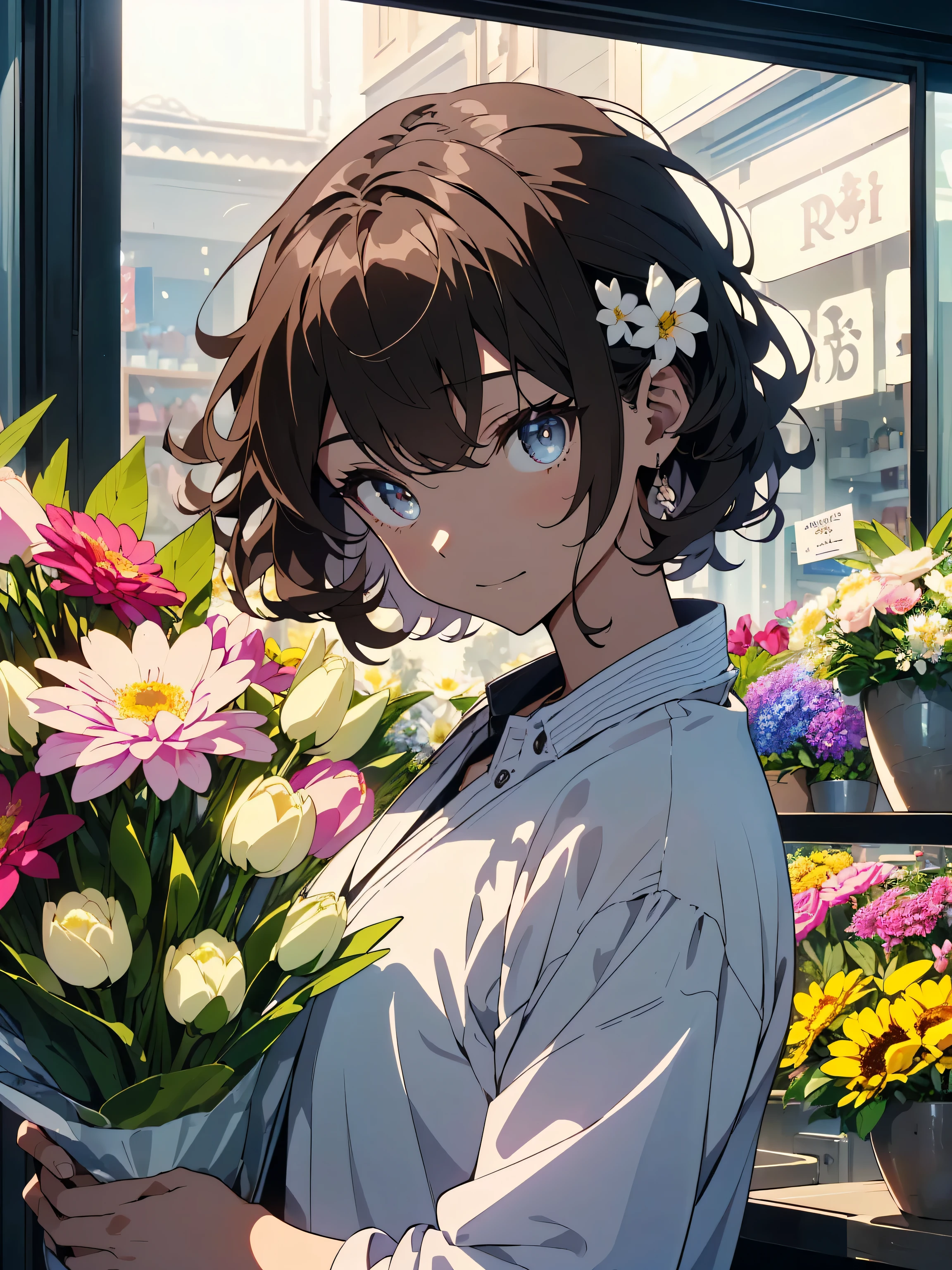 (highest quality、masterpiece、High resolution、be familiar with), (ung man:1.5、29-year-old), (Shining eyes、detailed beautiful face)、(Handsome guy:1.2)、(Dark brown hair、short hair:1.8、Short messy hair 1.3、curly hair:1.2)、Outstanding style、(Tall 1.2、Large shoulders1.2)、(flower shop owner)、(Spring casual:1.2、refreshing clothes:1.3)、indoor、Vase by the window、Gaze tenderly at the flowers in the vase、smile、(Handsome guyと花のテーマ)、(Many bouquets of flowers are displayed in front of the store.:1.4)、(beautiful anime)