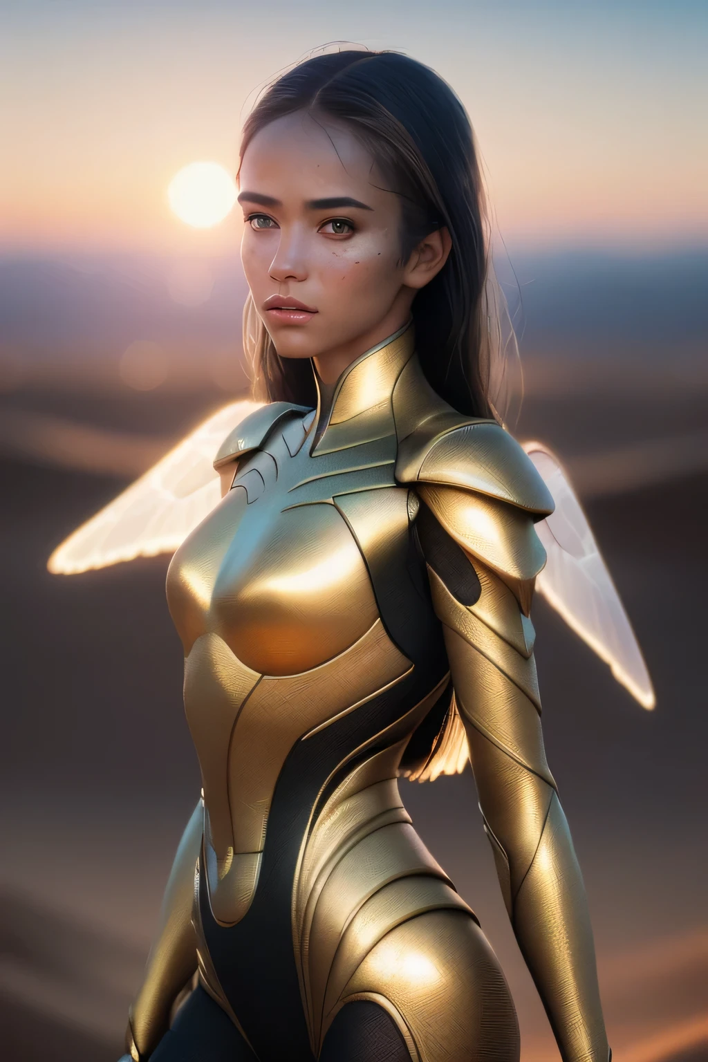 (masterpiece), (very complicated:1.3), (realistic), girl portrait, the most beautiful in the world, (ant-like wings), scale powder reflection, fashion model posing, outdoor, intense sunlight, distant dune, Stunning female professional photo details, sharp focus, dramatic, Award history, cinematic lighting, Octane Rendering Unreal Engine, volumetrics dtx, (film grain, blurred background, blurred foreground, Bokeh, Depth of the bounds written, sunset, motion blur:1.3), thin clothing