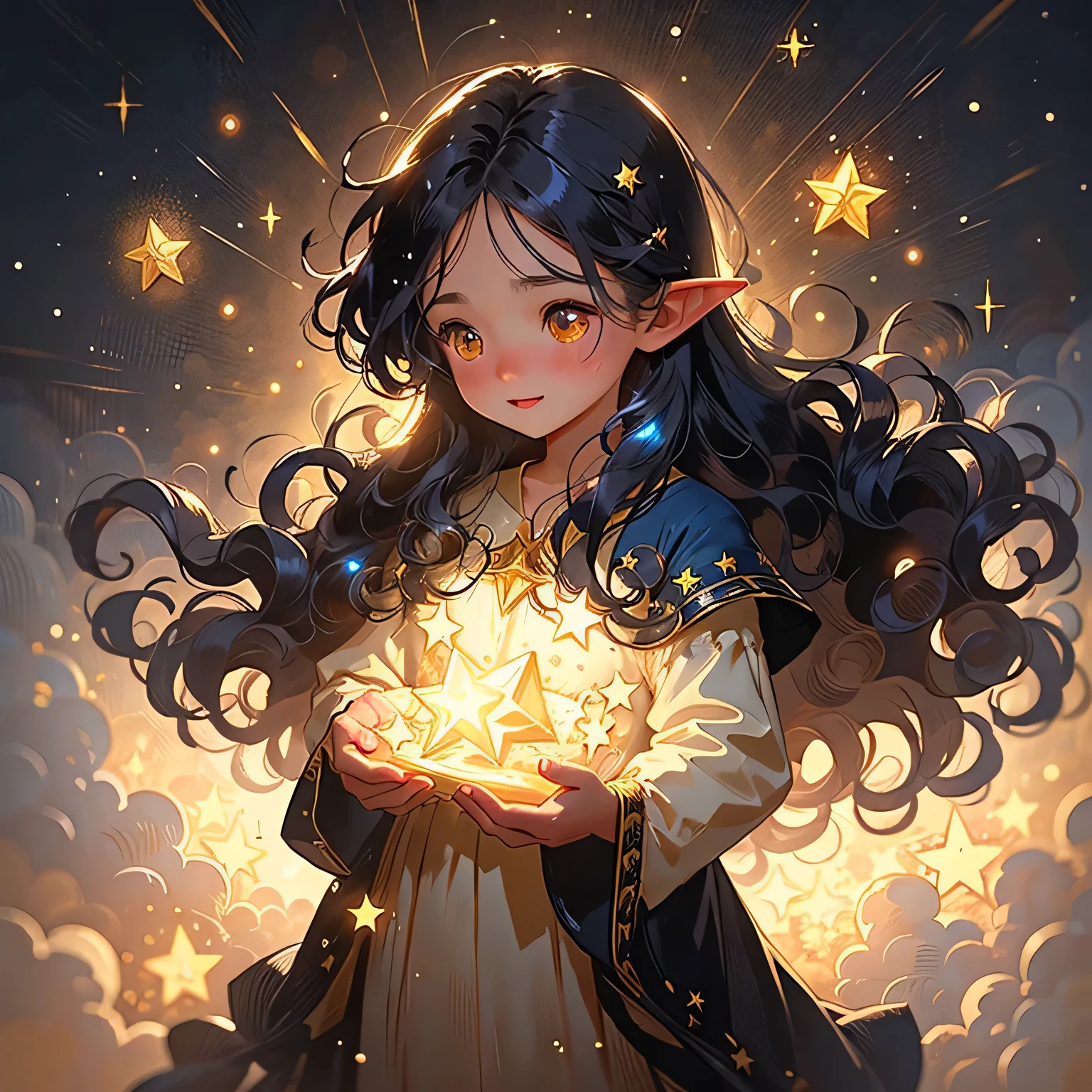 1 girl, Elf, pointed ears, long hair, dark blue hair, glowing golden eyes, Star mage, Dark blue and gold mage robes, Starlight, Star,