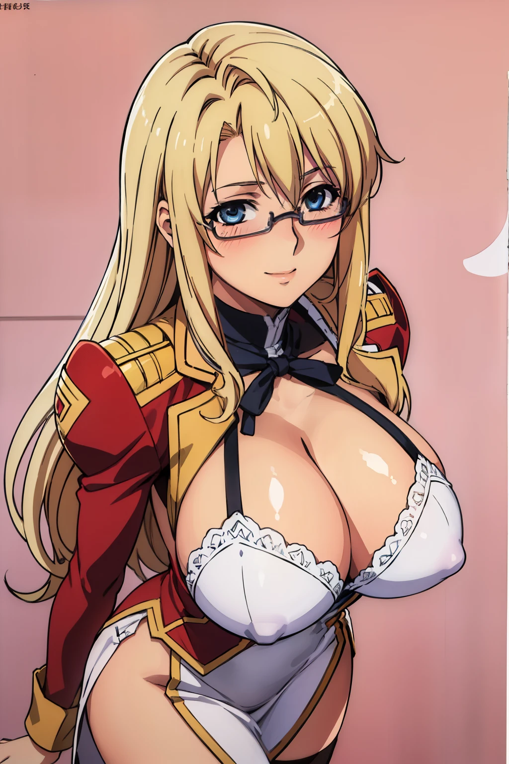 very tempting pose, seductive pose, dress, brown cross-laced footwear, cleavage, black ribbon, clothing cutout, juliet sleeves, white thighhighs, classroom background, Satellizer L. Bridget, takeda hiromitsu style, anime cels style, best quality, high resolution, (huge breasts:1.2), beautiful face, cowboy shot, blush, smiling, (puple eyes), blonde hair, long hair, blue eye, semi rimless eyewear