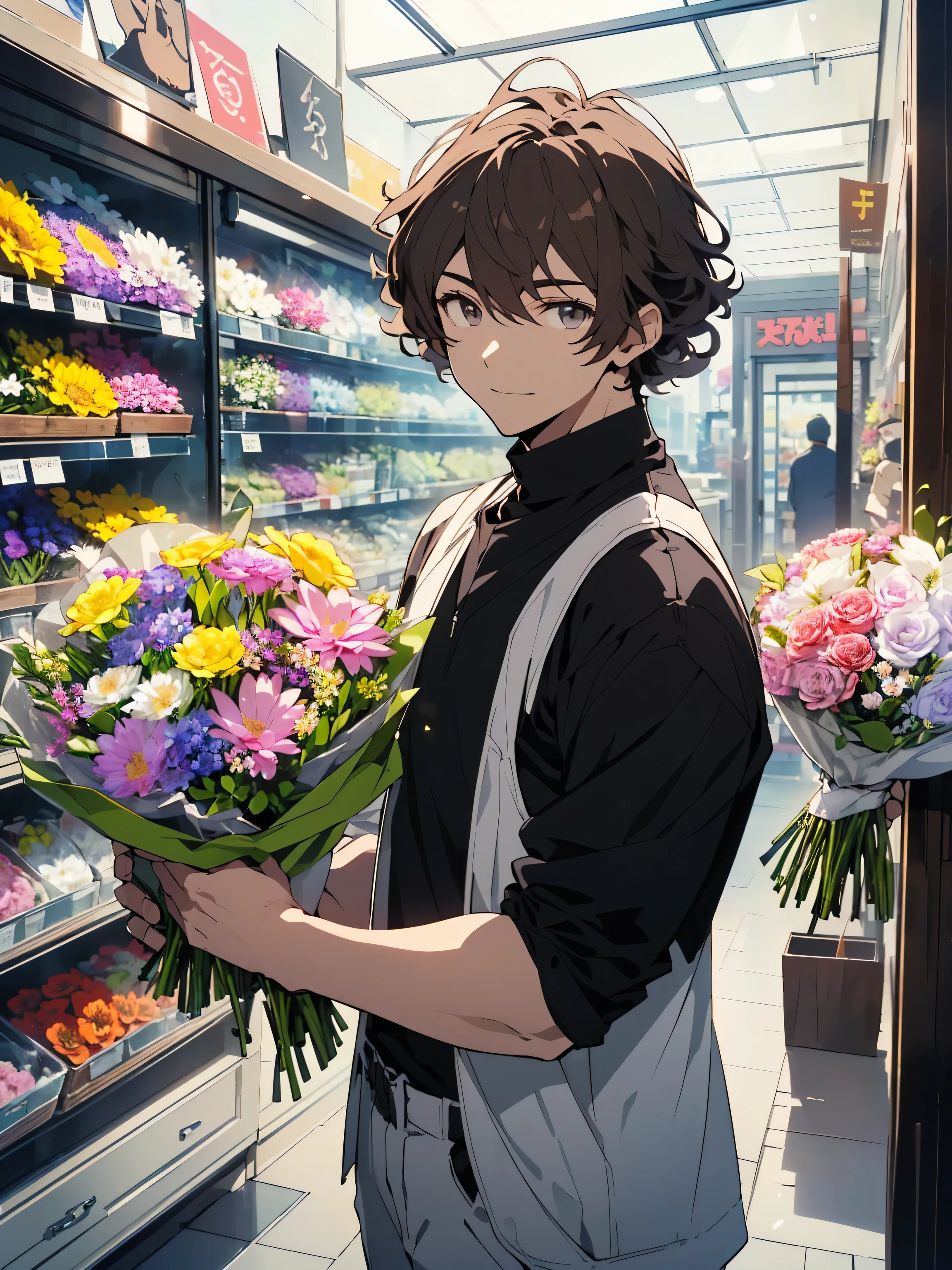 (highest quality、masterpiece、High resolution、be familiar with), (ung man:1.5、29-year-old), (Shining eyes、detailed beautiful face)、(Handsome guy:1.2)、(Dark brown hair、short hair:1.8、Short messy hair 1.3、curly hair:1.2)、Outstanding style、(Tall 1.2、Large shoulders1.2)、(flower shop owner)、(Spring casual:1.2、refreshing clothes:1.3)、indoor、Vase by the window、Gaze tenderly at the flowers in the vase、smile、(Handsome guyと花のテーマ)、(Many bouquets of flowers are displayed in front of the store.:1.4)、(beautiful anime)