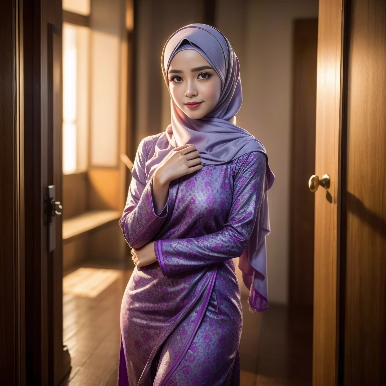 beautiful girl, wearing traditional baju kurung, ultra-detailed, detailed faces, detailed skins, 8k masterpieces, cinematic lighting, ((1girl)), ((solo)), firm push-up breasts, modest breasts, slim and slender body, long hijab, eid mubarak, in malay village house, half body, at the door