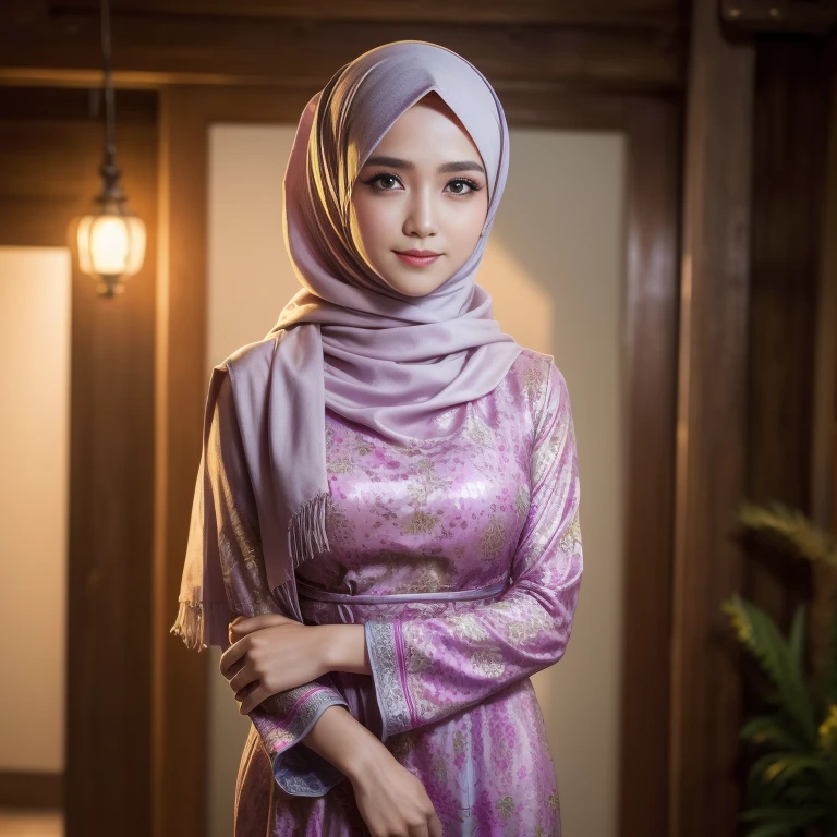 beautiful girl, wearing traditional baju kurung, ultra-detailed, detailed faces, detailed skins, 8k masterpieces, cinematic lighting, ((1girl)), ((solo)), firm push-up breasts, modest breasts, slim and slender body, long hijab, eid mubarak, in malay village house, half body, at the door