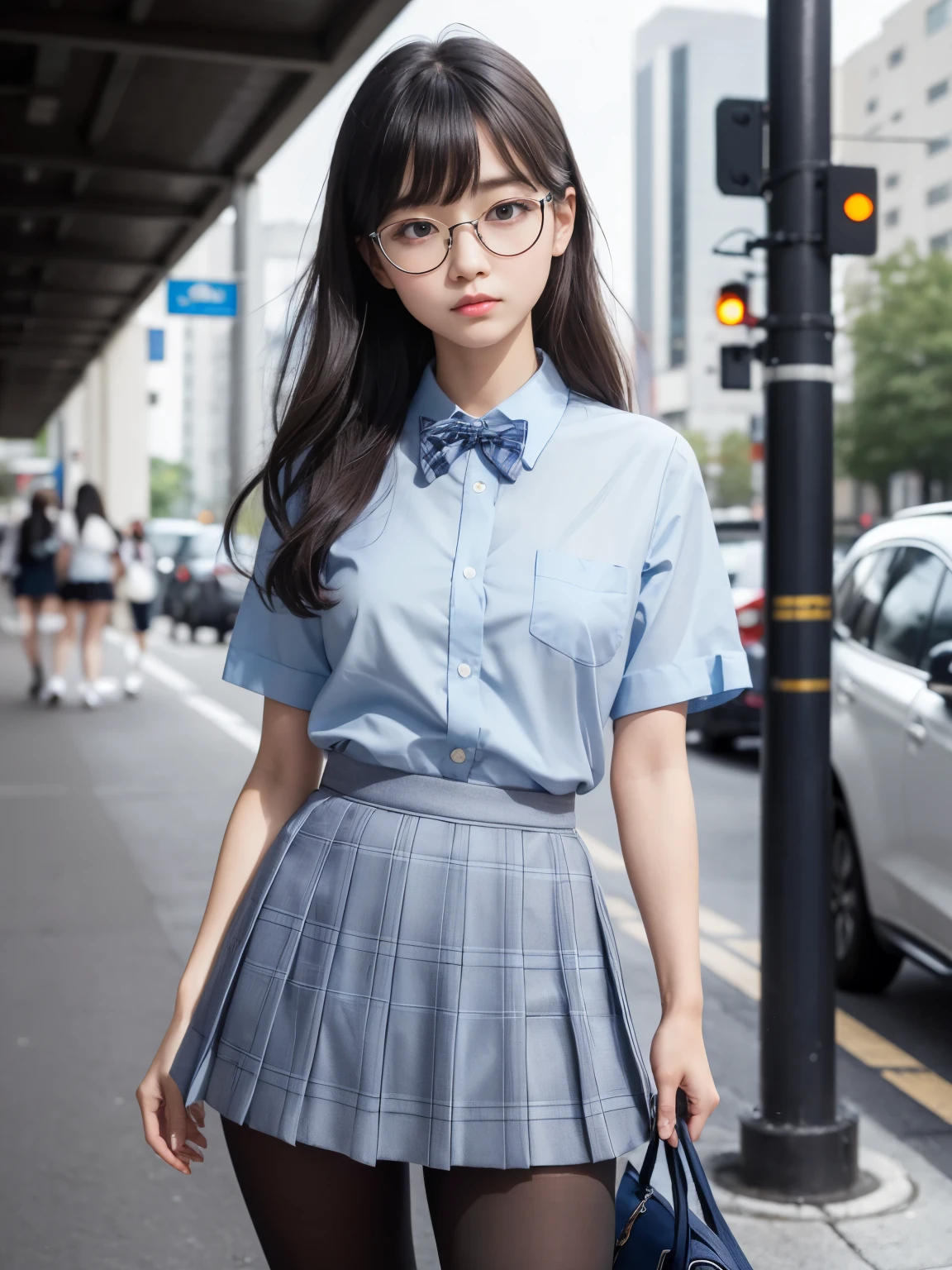 (Underwear is visible),(8K、Raw photography、top-quality、masterpiece:1.2),glamor,Chromo-white skin,cocky,School,watching at viewers,Looking at the front,Muchimuchi,Erotic,Pupils,de pele branca,kne,Student Bag((Black pantyhose)),absurderes,a small face,,flat breast,Parting the bangs from the middle、Forehead visible,(a cold expression,Tight eyes,glares,Bullish,skinny,Rasping,irate)、masterpiece,top-quality、超A high resolution,Raw photo,ren,Beautiful fece,One Person, solo,eye glass,,Dark look,Small breasts,fullllbody,Round glasses,JK ,hi-school girl,A Japanese Lady,is standing,(Photorealsitic:1.37)、Photon mapping,Realistic、Beautie,Cute little face,Brown-eyed、Black socks、(Red bow tie)、Radio City、Physically Based Rendering、depth of fields、Blurry background、a picture,Body,beauty legs, Long legs, Thin leg,(Bangs are visible), hair, s lips, Blue_The eye, nosesoft,(Light blue shirt), (Navy and blue and white plaid pleated skirt), Knees are visible,Sheer clothing,, Thigh, Black cotton socks,Nogizaka Idol, , Japanese ido