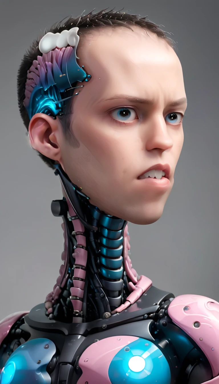 coopie, (Complex Professional 3D rendering:1.3) of (Ultra detailed:1.3) side profile, xray diagram deconstruction of a cyborg brain to machine interface, extended neck, glowing lights, Highly detailed, Depth, Many parts, Lumen render, 8k x-ray style translucent bald head, clear skin, synthetic bone, purple pink and blue Xray style on a grey background covered in geometric patterns,CGSociety,ArtStation