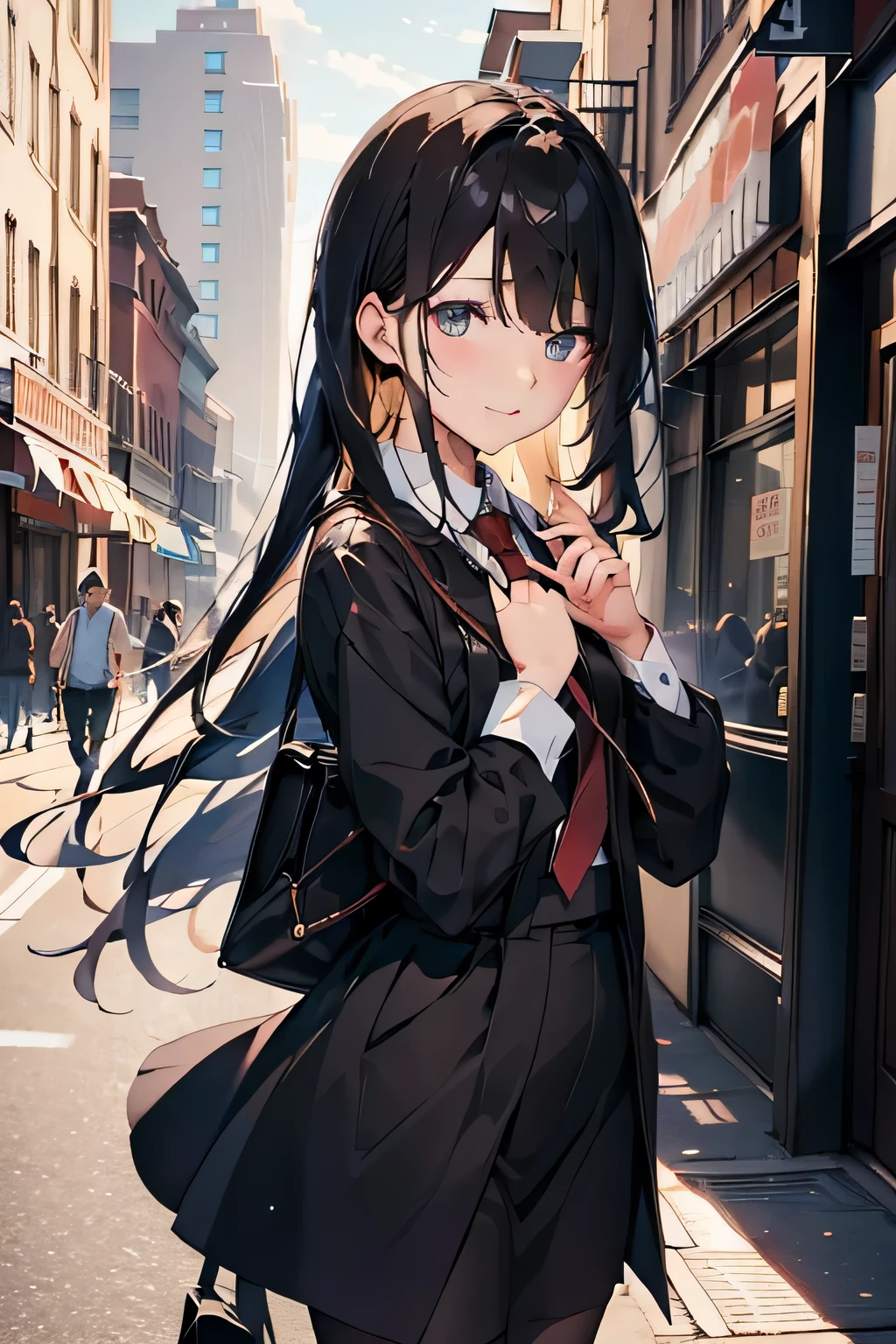 yukinoyukinoshita, yukino yukinoshita, black hair, blue eyes, long hair,tie hair back, Ahoge,OL, happy smile, smile, open your mouth,red glasses, end, black suit jacket, collared jacket, white dress shirt, collared shirt, neckline, button, strap, ID card on the neck, black pencil skirt, black pantyhose,stiletto heels,morning,morning day,the sun is rising,So that the whole body is included in the illustration,
break outdoors, city,building street,
break looking at viewer, (cowboy shot:1.5),
break (masterpiece:1.2), highest quality, High resolution, unity 8k wallpaper, (shape:0.8), (fine and beautiful eyes:1.6), highly detailed face, perfect lighting, Very detailed CG, (perfect hands, perfect anatomy),