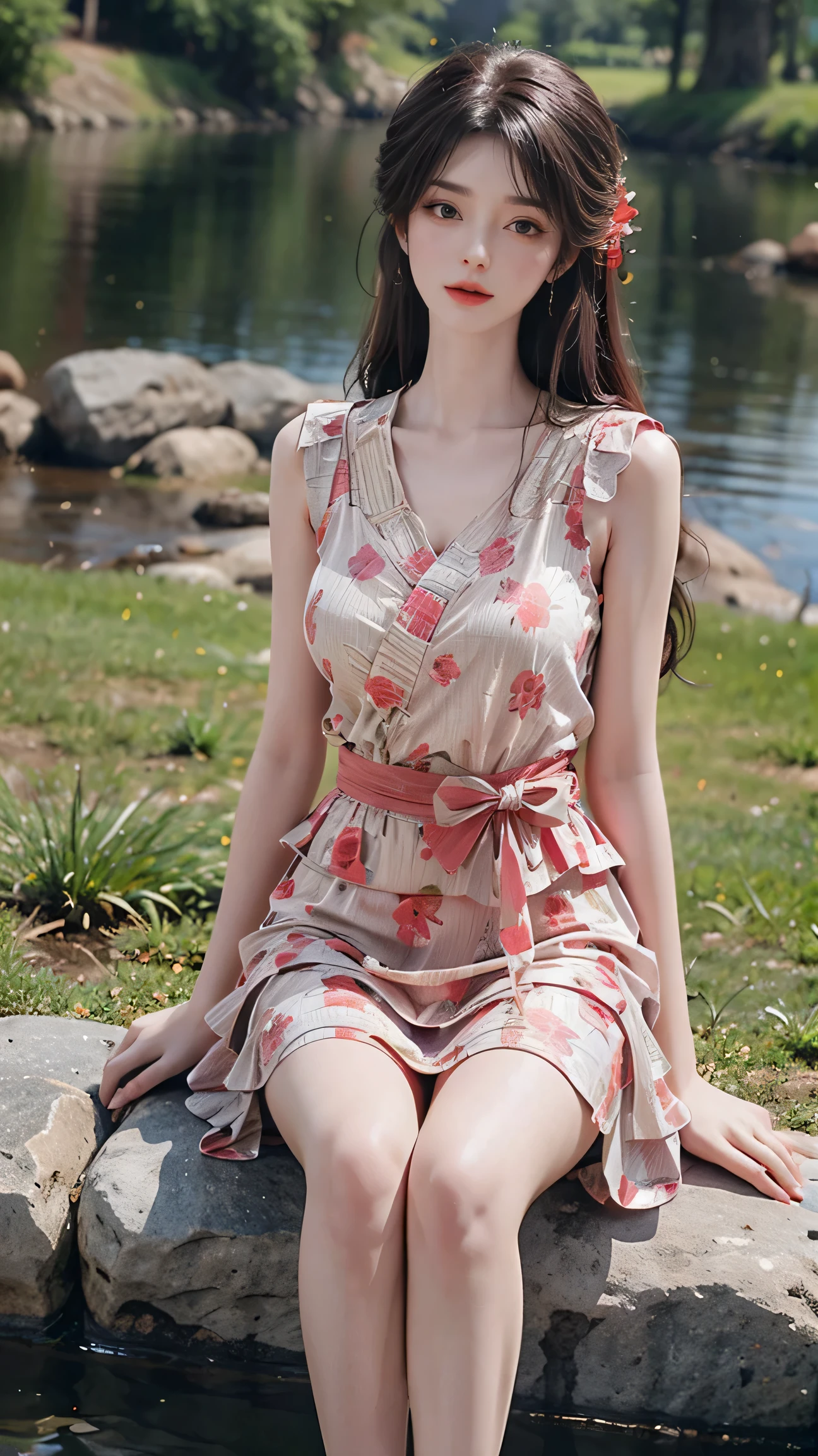 Sweet girl clothes6,print dress, stlouis,(Enrich the picture,Masterpiece quality)Beautiful 8K CG artwork,Goddess-like pose,sittinng on the river,Postural exercises,Thin and soft,Translucent skin,curlies, Brown hair long, The skin is fair and juicy,Perspective Part 1.2x enhanced contour effect,Intricate and exquisite details,The background is a bit blurry,Charming and sexy legs,Japan goddess,Perfect body slim curves,scene in river, Get wet all over your body