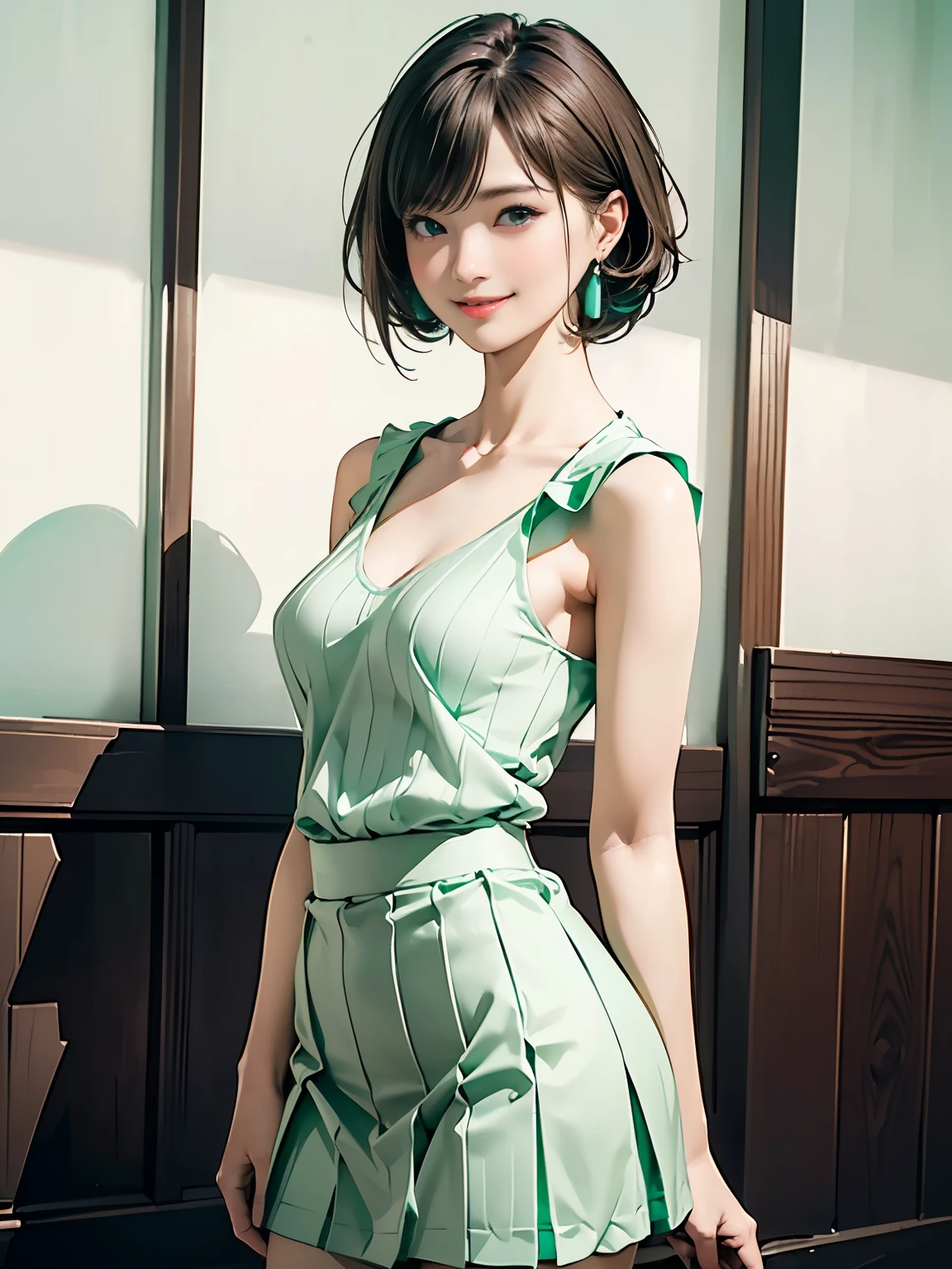 ((((highest quality))))、(((Ultra-precision CG16K wallpaper)))、(((masterpiece)))、(((Super detailed)))、(((super extreme details)))、1people's women、mature woman、24 year old woman、((Japanese face))、((very beautiful face))、((Zuo々Ki Nozomi:1.5))、((straight short bob hair:1.3、blunt bangs))、(shiny brown hair)、beautiful delicate eyes、brown eyes、raised eyebrows、high nose、small nostrils、small mouth、seductive lips、beautiful breasts、((C cup size breasts))、cleavage、plump body、(Chubby body type)、perfect proportions、perfect anatomy、perfect composition、beautiful detailed shading、beautiful natural lighting、beautiful detail glow、Depth of the bounds written、(((High chroma)))、(((real:1.9)))、((vivid:1.5))、((edge:1.6))、((beautiful skin))、((skin texture))、((realな皮膚感))、(((thigh-high cowboy shot:1.5)))、((Angle seen from the front:1.5))、((shy smile:1.5))、(Eyes looking at me:1.5)、Bright daylight、Natural light、(((park square:1.3)))、(standing pose:1.5)、(((Mint green color ribbed tank top clothing、White pleated miniskirt clothing:1.6)))、((necklace、Wearing earrings:1.3))、