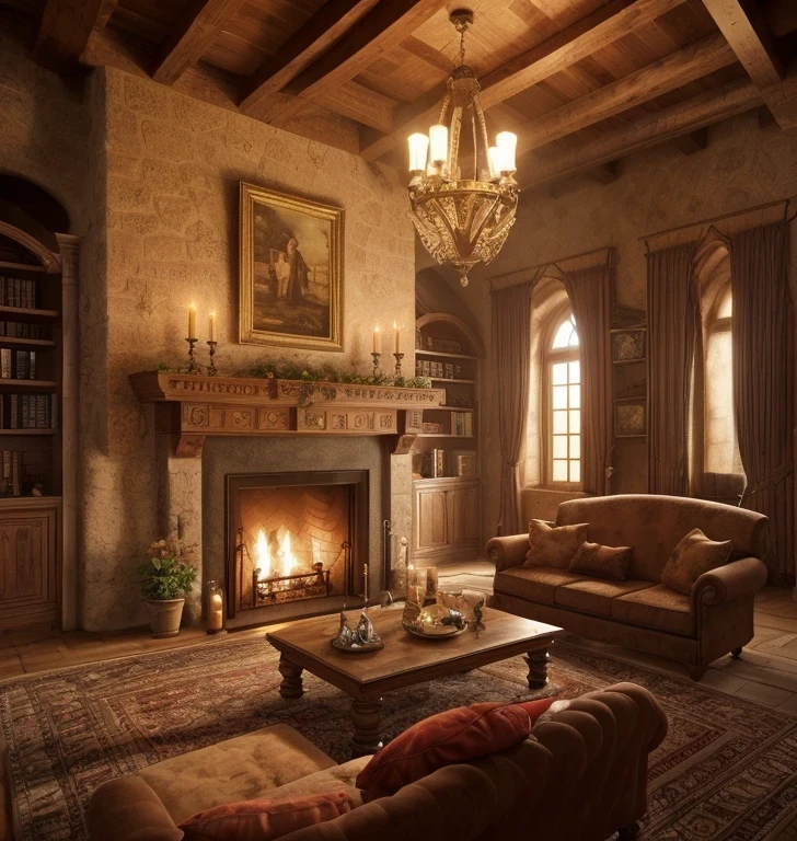 HD castle interior background picture，There is a fireplace etc.，Close to the real scene，Realistic