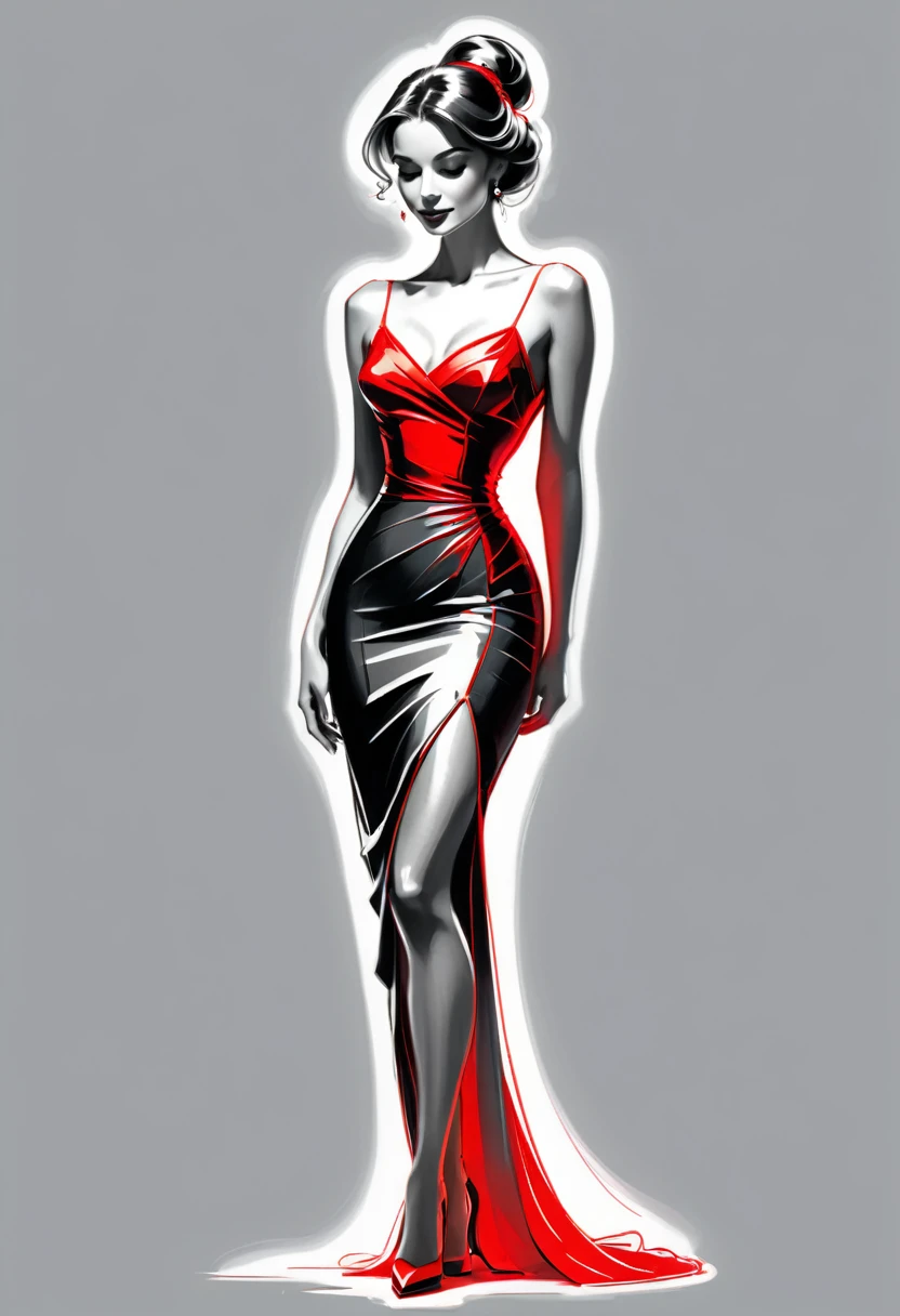 Pencil Sketch Drawing, line art drawing , a elegant beautiful woman, wearing tango dress,  (her silhouette outlined with glowing red). (style of Vladimir Volegov:1.1). (her silhouette contoured with glowing red). red white on grey color palette.
  professional, sleek, modern, minimalist, graphic, line art, vector graphics, black and white drawing, graphite drawing