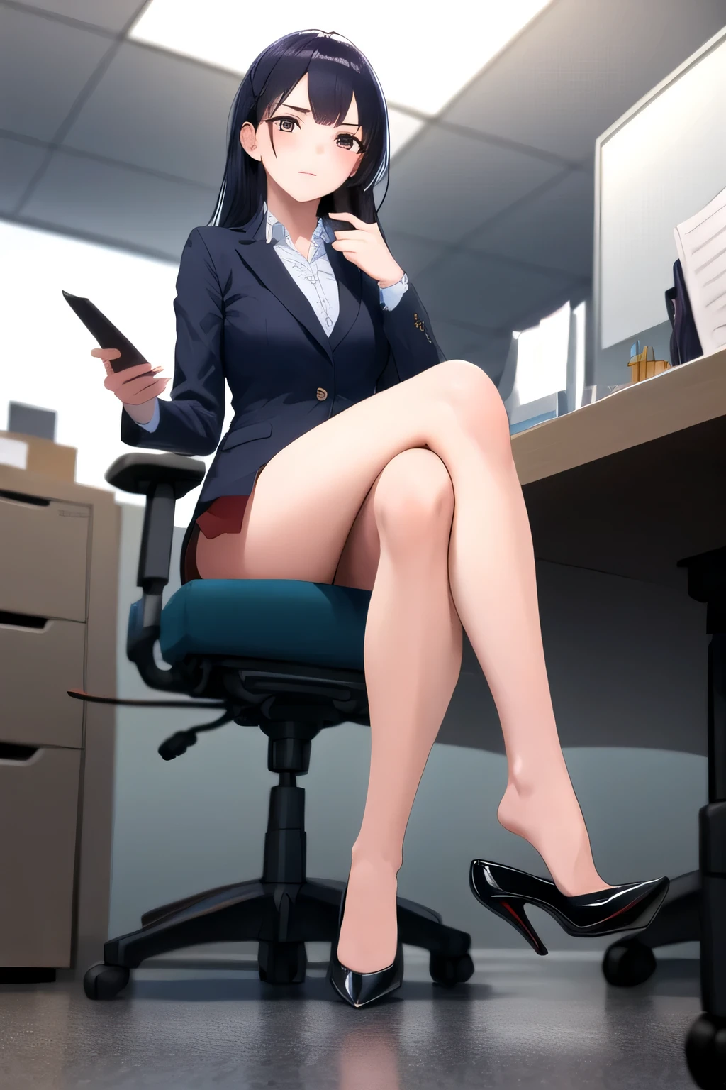 masterpiece, highest quality, High resolution, 1girl High heels hanging down, sitting cross-legged, office lady
