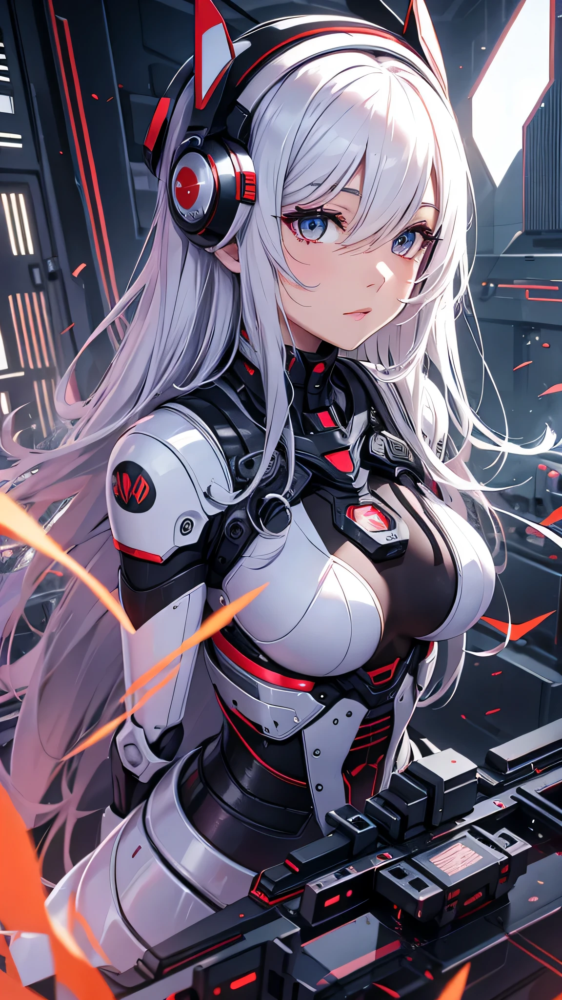 最high quality、best image quality、masterpiece、android girl((18-year-old、 By becoming、vest bust、medium bust,wide open breast tea、shining eyes, water hair、messy hair、long hair、thin,highest valley、white robot body、shining blue body、Close ~ eyes、All connected to cables、Show the whole body、robot arm、robot feet)),high quality、beautiful art、background((Dark Research Facility、white smoke、high performance chair、Infrared Sensor、red lighting))、Flight、debris flies、Depth of written boundary、movie、visual art、perfect art、8K,genuine、