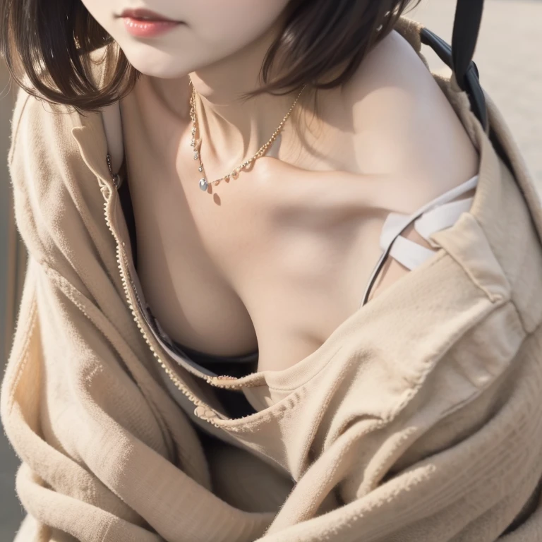 best quality, ultra high res, 8K, RAW photo ,cute girl, japanese, solo, flat chest,downblouse, detailed bra with embellishments,overlap shirt,  (high resolution detail of human skin texture), short hair,necklace ,leaning over, view from above ,