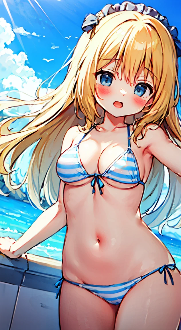 side tie panties,blush, full-face blush,masterpiece, highest quality, (anime screencap:1.3),(shape), cute,(simple:1), (anime:1.2),Solo Sharp Focus, 1 girl, cleavage,looking at the viewer, Ocean,On the boat,Are standing,,(NSFW:1.2),micro bikini,pastel colour,beautiful hair,Horizontal stripes,