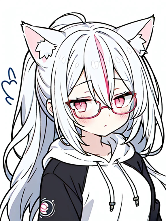that has a fearful face, white hair, cat ears, yellow glasses and transparent super blushing pink eyes that has a towel around it and is in spaghetti and has a cat tail that is a super fearful girl