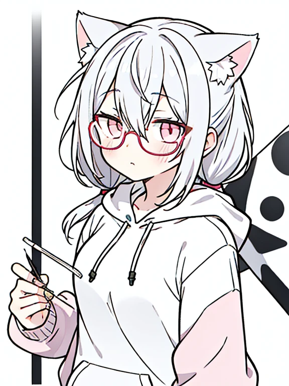 best quality, masterpiece, 1 girl, li, upper body, hairs between eyes, female, pink eyes, long hair, small breasts, glasses, pony-tail, expressionless, wink , cat ears, white hair, silver hair, streaked hair，hoodie,  murder, 