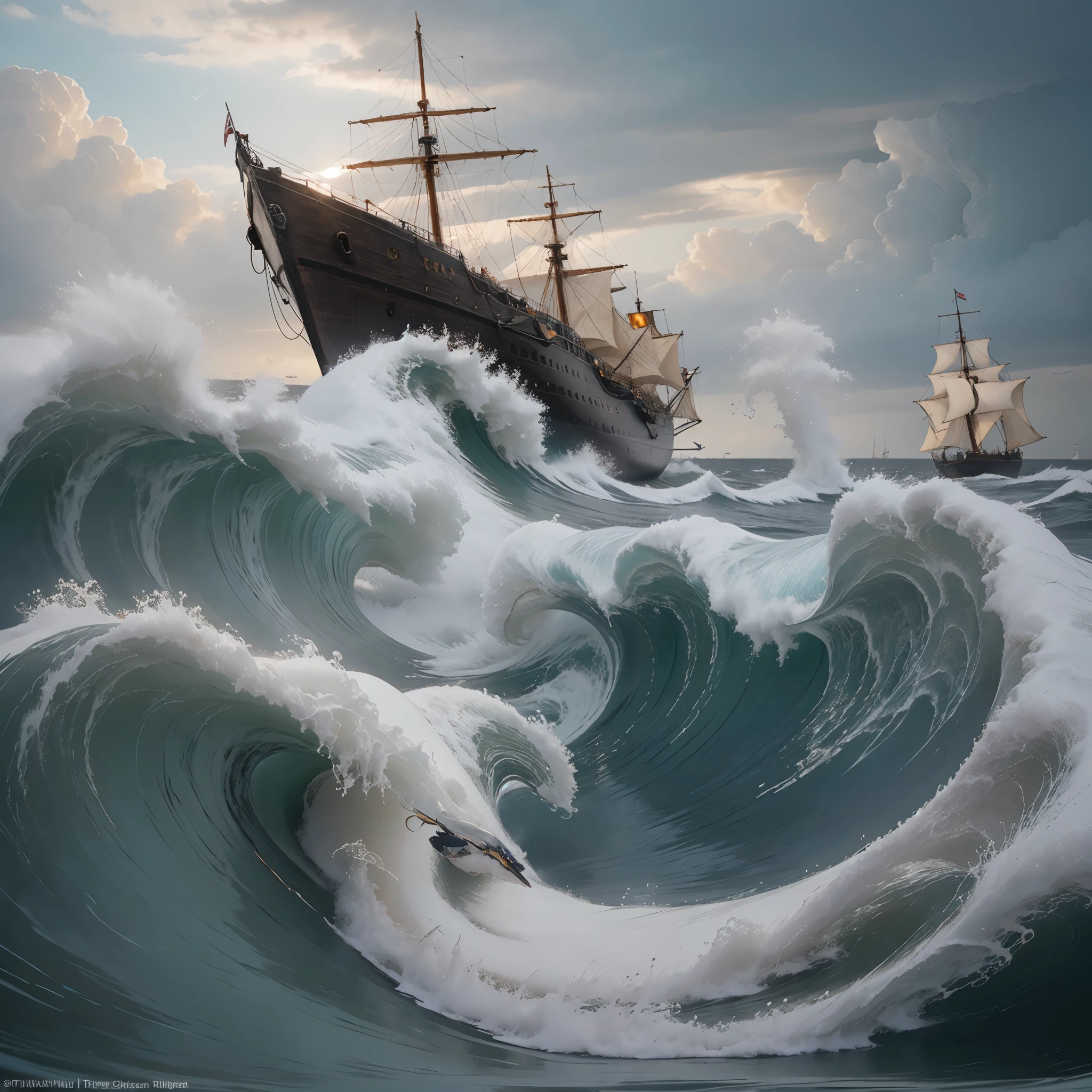 (a)sea dragon emerging from the ocean,17th century sailing ship,storm,black clouds,lightnings (b)big waves,realistic 4k,ultra-detailed,photography,dark,ominous lighting (c)turbulent sea,dragonscales,shiny textures,majestic creature,fierce expression (d)detailed ship sails,cannon ports,wooden hull,vulnerable crew,maneuvering in the storm (e)dramatic perspective,high waves crashing against the ship,water splashing,threatening atmosphere k