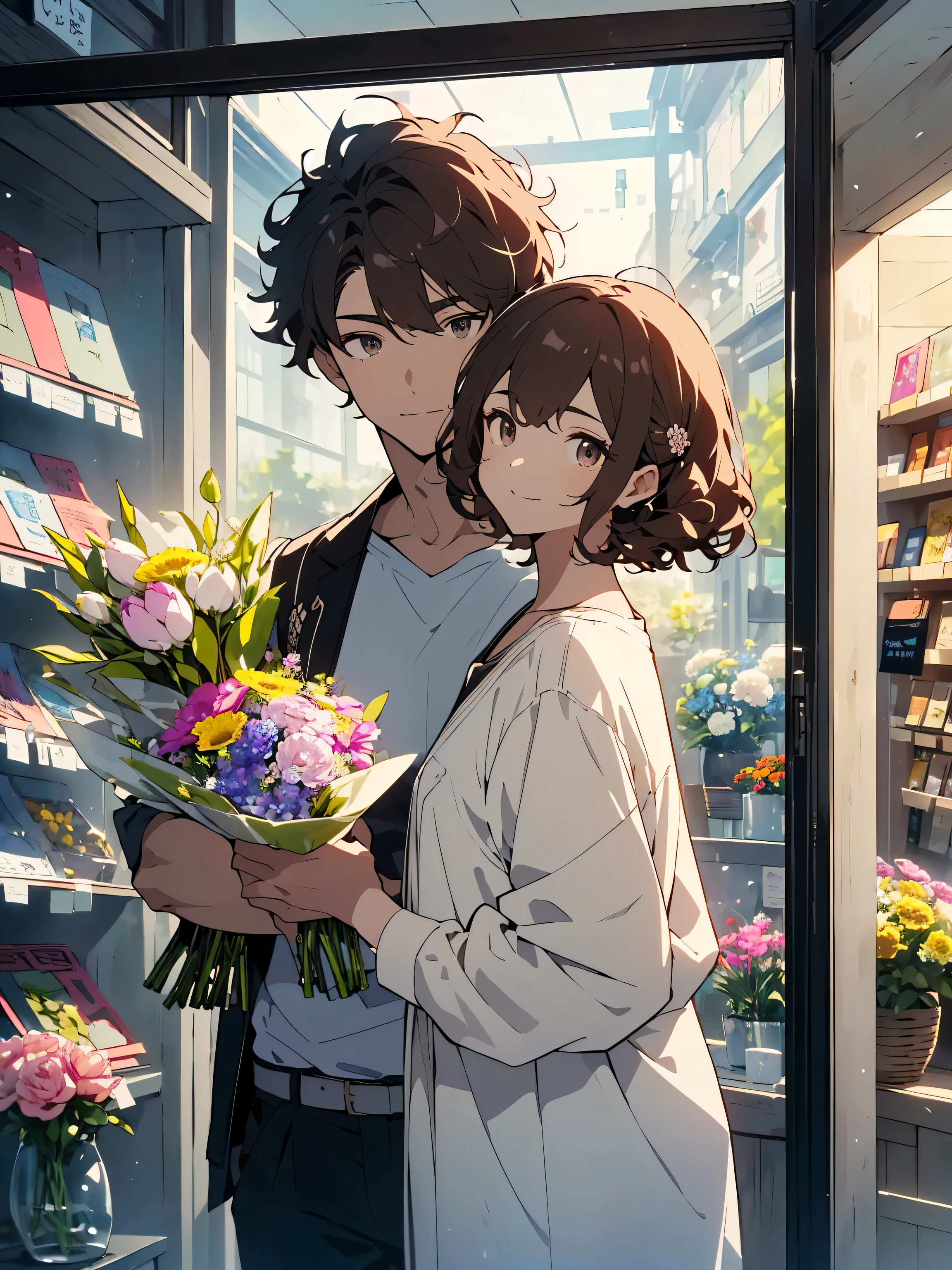 (highest quality、masterpiece、High resolution、be familiar with), (1 young man:1.5、29-year-old), (Shining eyes、detailed beautiful face)、(Handsome guy:1.2)、(Dark brown hair、short hair:1.8、Short messy hair 1.3、curly hair:1.2)、Outstanding style、(Tall 1.2、Large shoulders1.2)、(flower shop owner)、(Spring casual:1.2、refreshing clothes:1.3)、indoor、Vase by the window、Gaze tenderly at the flowers in the vase、smile、(Handsome guyと花のテーマ)、(Many bouquets of flowers are displayed in front of the store.:1.4)、(beautiful anime)