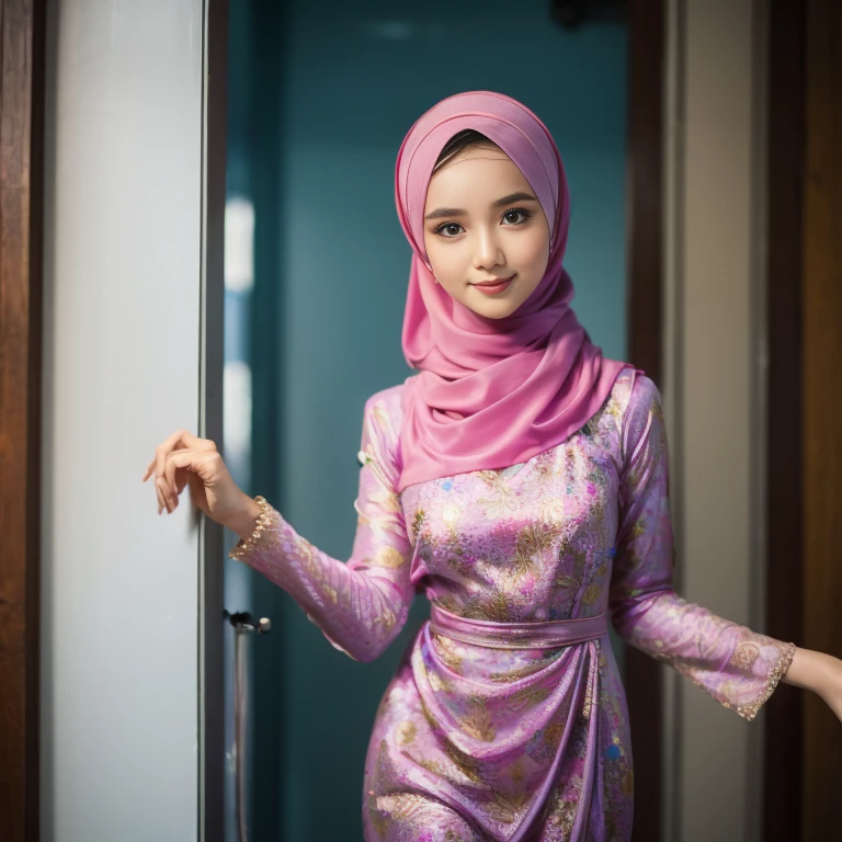 beautiful girl, wearing traditional baju kurung, ultra-detailed, detailed faces, detailed skins, 8k masterpieces, cinematic lighting, ((1girl)), ((solo)), firm push-up breasts, modest breasts, slim and slender body, long hijab, eid mubarak, in malay village house, half body, at the door