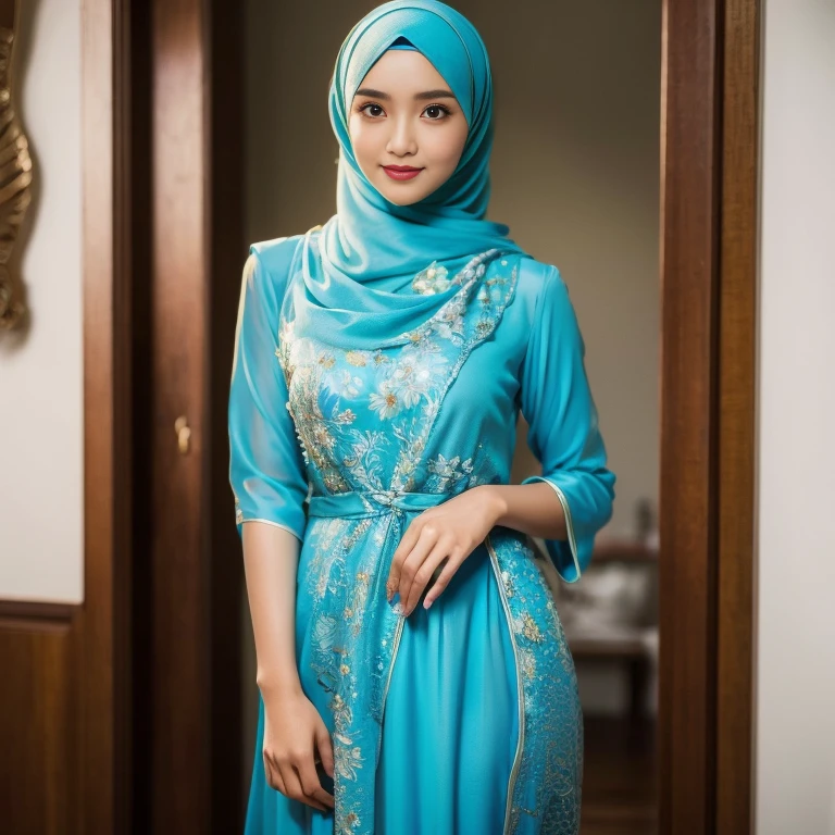 beautiful girl, wearing traditional baju kurung, ultra-detailed, detailed faces, detailed skins, 8k masterpieces, cinematic lighting, ((1girl)), ((solo)), firm push-up breasts, modest breasts, slim and slender body, long hijab, eid mubarak, in malay village house, half body, at the door