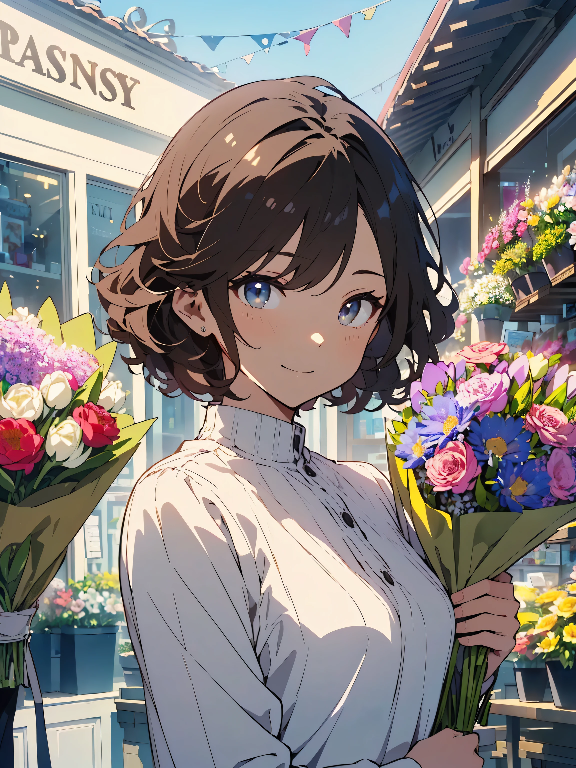 (highest quality、masterpiece、High resolution、be familiar with), (1 young man:1.5、29-year-old), (Shining eyes、detailed beautiful face)、(Handsome guy:1.2)、(Dark brown hair、short hair:1.8、Short messy hair 1.3、curly hair:1.2)、Outstanding style、(Tall 1.2、Large shoulders1.2)、(flower shop owner)、(Spring casual:1.2、refreshing clothes:1.3)、indoor、Vase by the window、Gaze tenderly at the flowers in the vase、smile、(Handsome guyと花のテーマ)、(Many bouquets of flowers are displayed in front of the store.:1.4)、(beautiful anime)