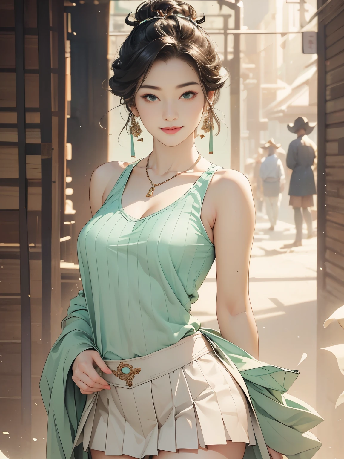 ((((highest quality))))、(((Ultra-precision CG16K wallpaper)))、(((masterpiece)))、(((Super detailed)))、(((super extreme details)))、１people&#39;s women、mature woman、24 year old woman、((Japanese face))、((very beautiful face))、((Zuo々Ki Nozomi:1.5))、((straight short bob hair:1.3、blunt bangs))、(shiny brown hair)、beautiful delicate eyes、brown eyes、raised eyebrows、high nose、small nostrils、small mouth、seductive lips、beautiful breasts、((C cup size breasts))、cleavage、plump body、(Chubby body type)、perfect proportions、perfect anatomy、perfect composition、beautiful detailed shading、beautiful natural lighting、beautiful detail glow、Depth of the bounds written、(((High chroma)))、(((real:1.9)))、((vivid:1.5))、((edge:1.6))、((beautiful skin))、((skin texture))、((realな皮膚感))、(((thigh-high cowboy shot:1.5)))、((Angle seen from the front:1.5))、((shy smile:1.5))、(Eyes looking at me:1.5)、Bright daylight、Natural light、(((park square:1.3)))、(standing pose:1.5)、(((Mint green color ribbed tank top clothing、White pleated miniskirt clothing:1.6)))、((necklace、Wearing earrings:1.3))、