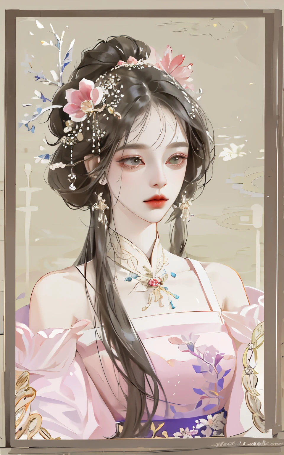 Close-up of a woman，she has a fan，flowers in hair, Beautiful fantasy queen, Ancient Chinese prince beautiful fantasy queen)), palace ， girl wearing hanfu, asian dynasty princess, chinese princess, queen of china, beautiful figure painting, Beautiful renderings of the Tang Dynasty, Inspired by Lan Ying, Royal elegant pose, Chinese art style