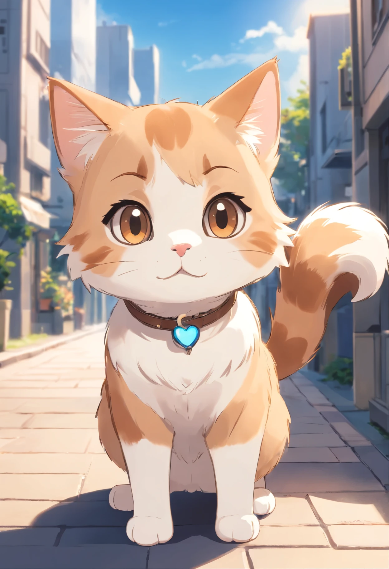A 2D chibi character of a European light brown cat with white breast with the pose of saying hello